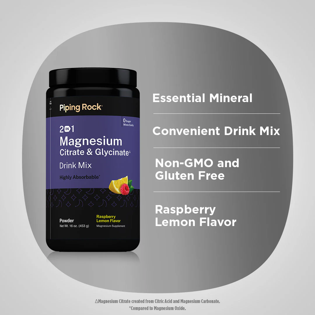 2 in 1 Magnesium Citrate & Glycinate Drink Mix (Raspberry Lemon), 16 oz (453 g) Bottle - Image 3