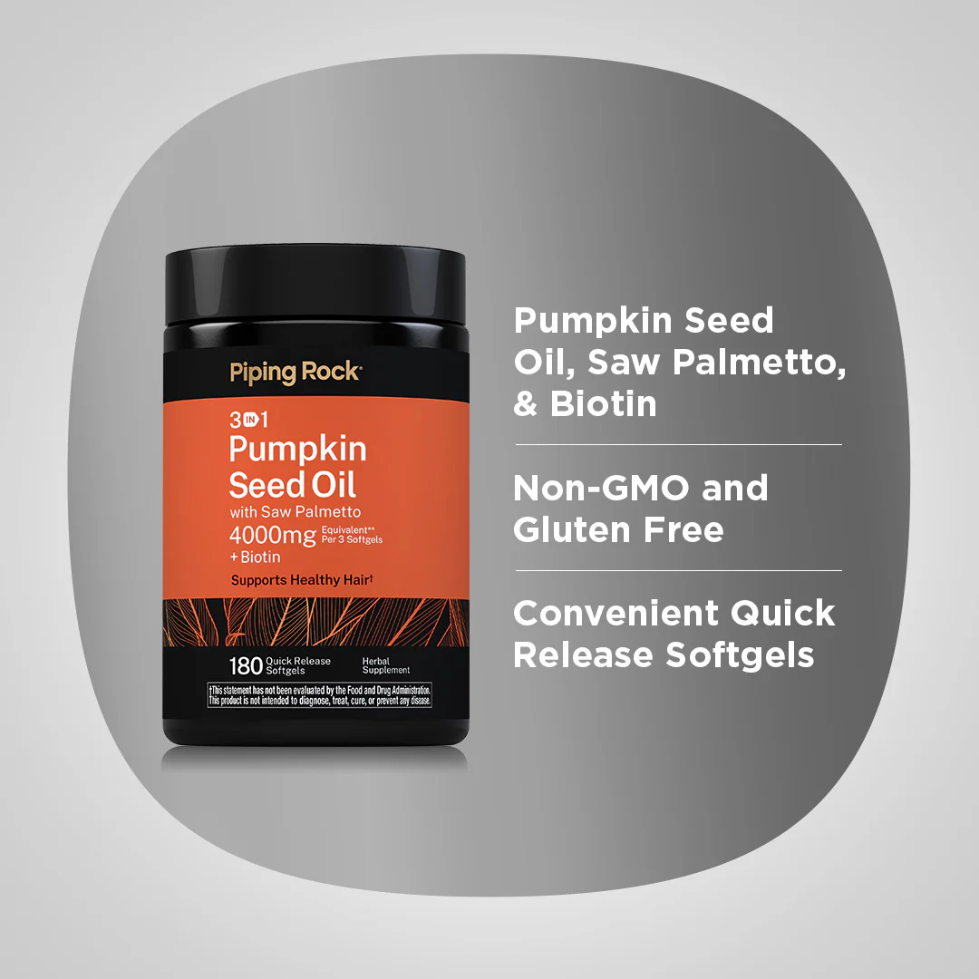 3 in 1 Pumpkin Seed Oil with Saw Palmetto + Biotin, 4000 mg (per serving), 180 Quick Release Softgels - Image 3