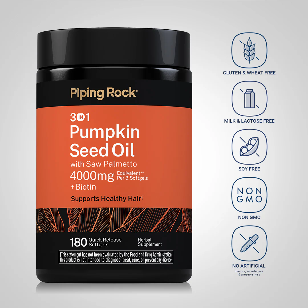 3 in 1 Pumpkin Seed Oil with Saw Palmetto + Biotin, 4000 mg (per serving), 180 Quick Release Softgels, 2  Bottles - Image 4