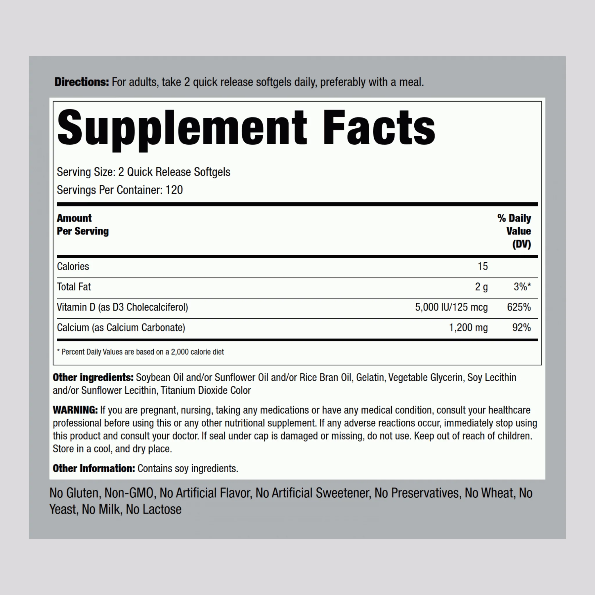 Absorbable Calcium 1200 mg Plus D3 5000 IU (per serving), 240 Quick Release Softgels - Image 2