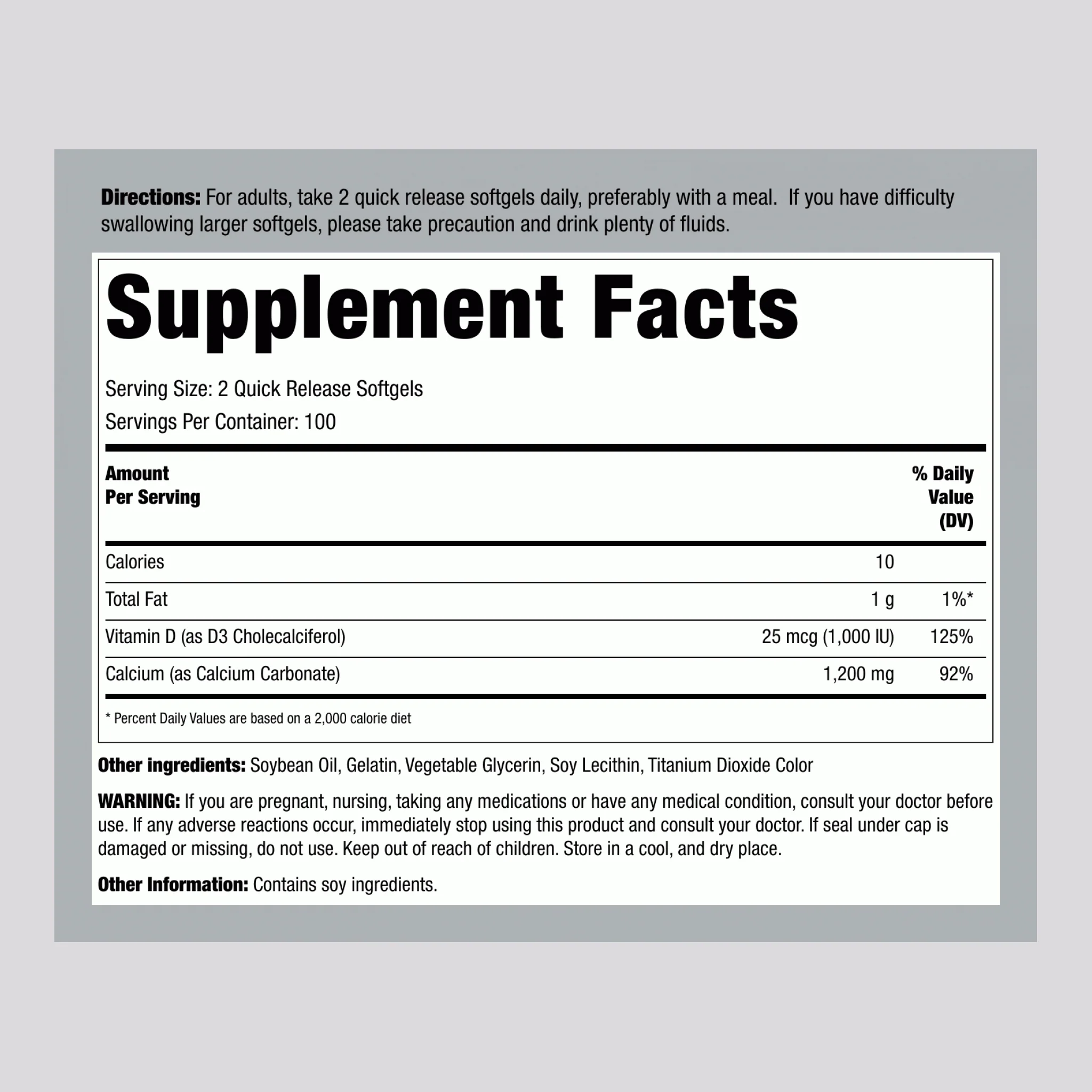 Absorbable Calcium Softgels 1200 mg Plus D3 1000 IU (per serving), 200 Quick Release Softgels - Image 2