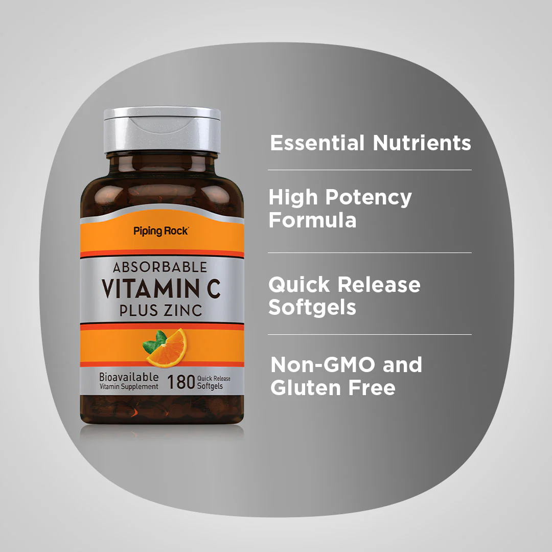 Absorbable Vitamin C Plus Zinc, 180 Quick Release Softgels, 2  Bottles - Image 3