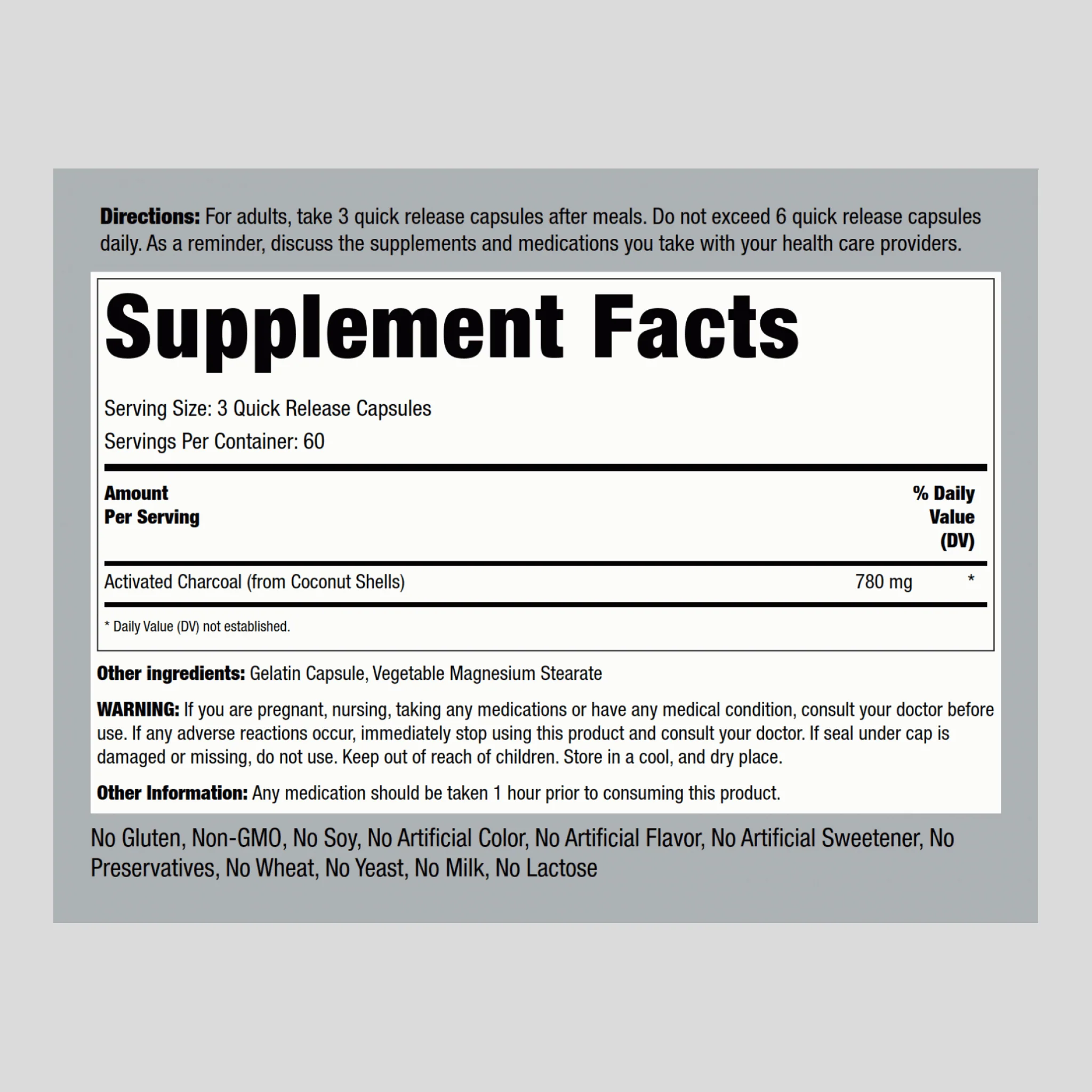 Activated Coconut Charcoal, 780 mg (per serving), 180 Quick Release Capsules - Image 2