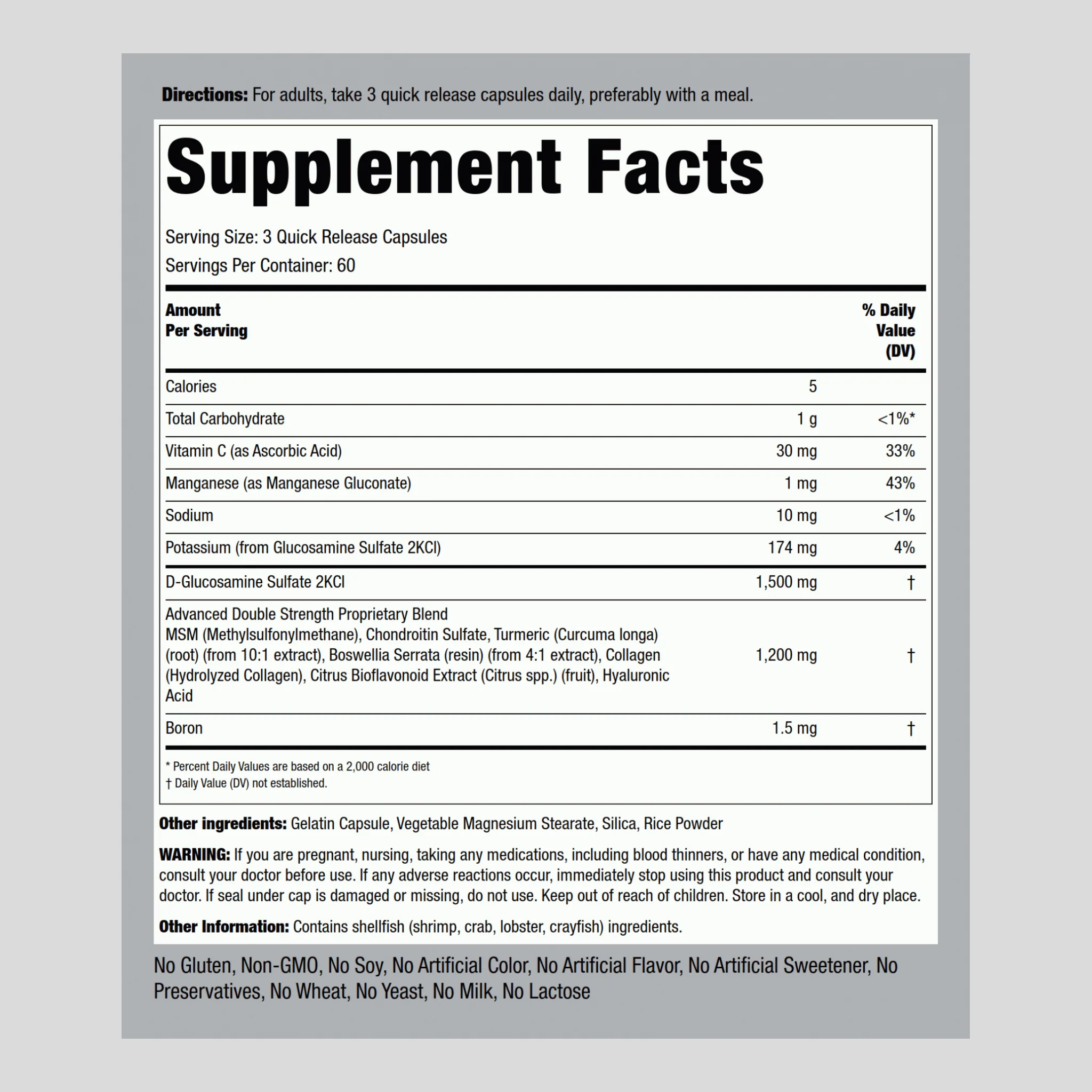 Advanced Double Strength Glucosamine Chondroitin MSM Plus Turmeric, 180 Quick Release Capsules - Image 2