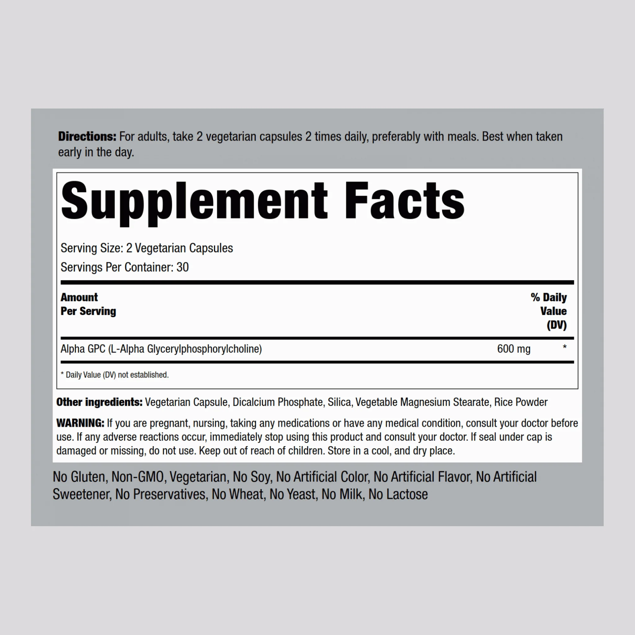 Alpha GPC, 600 mg (per serving), 60 Vegetarian Capsules - Image 2