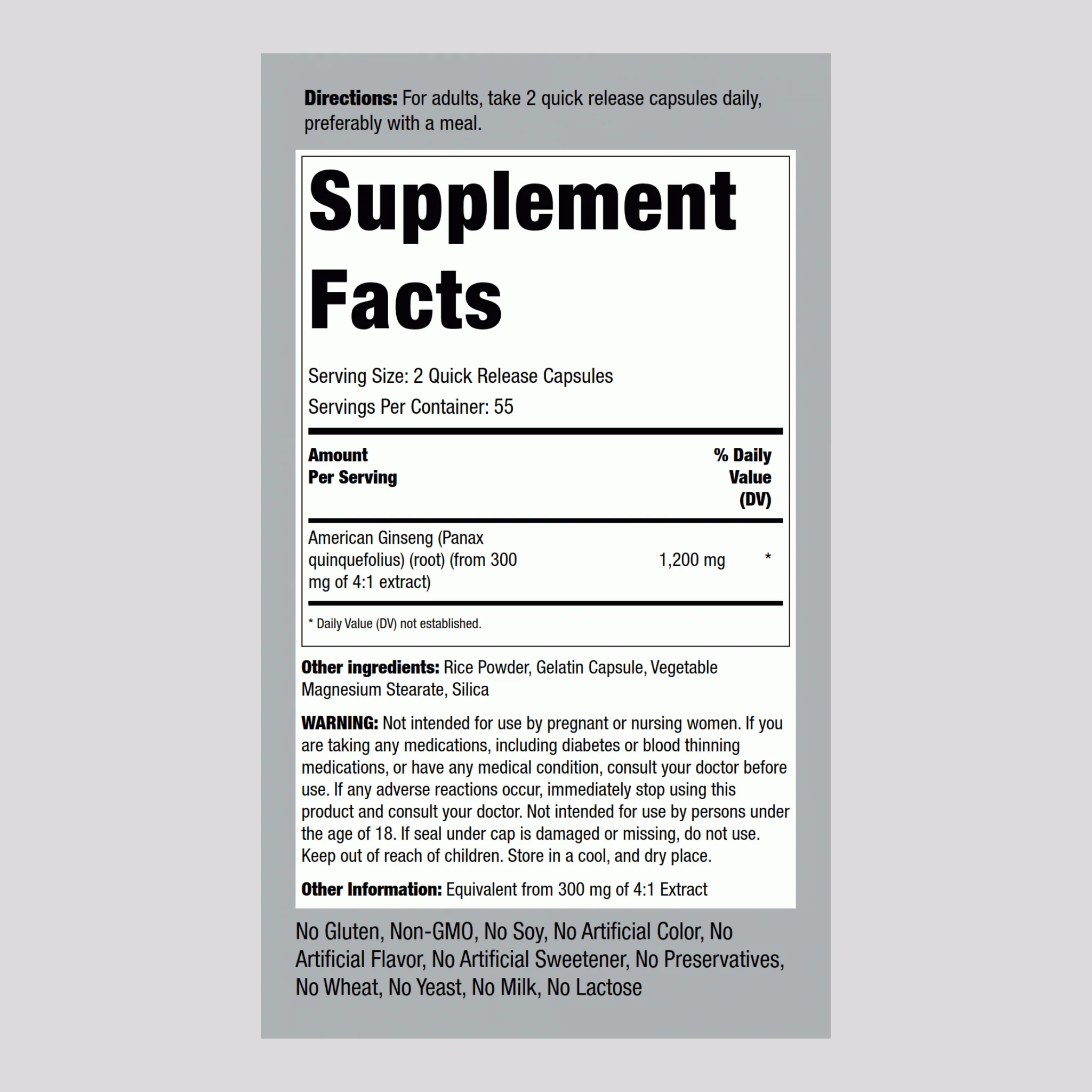 American Ginseng, 1200 mg (per serving), 110 Quick Release Capsules, 2  Bottles - Image 2