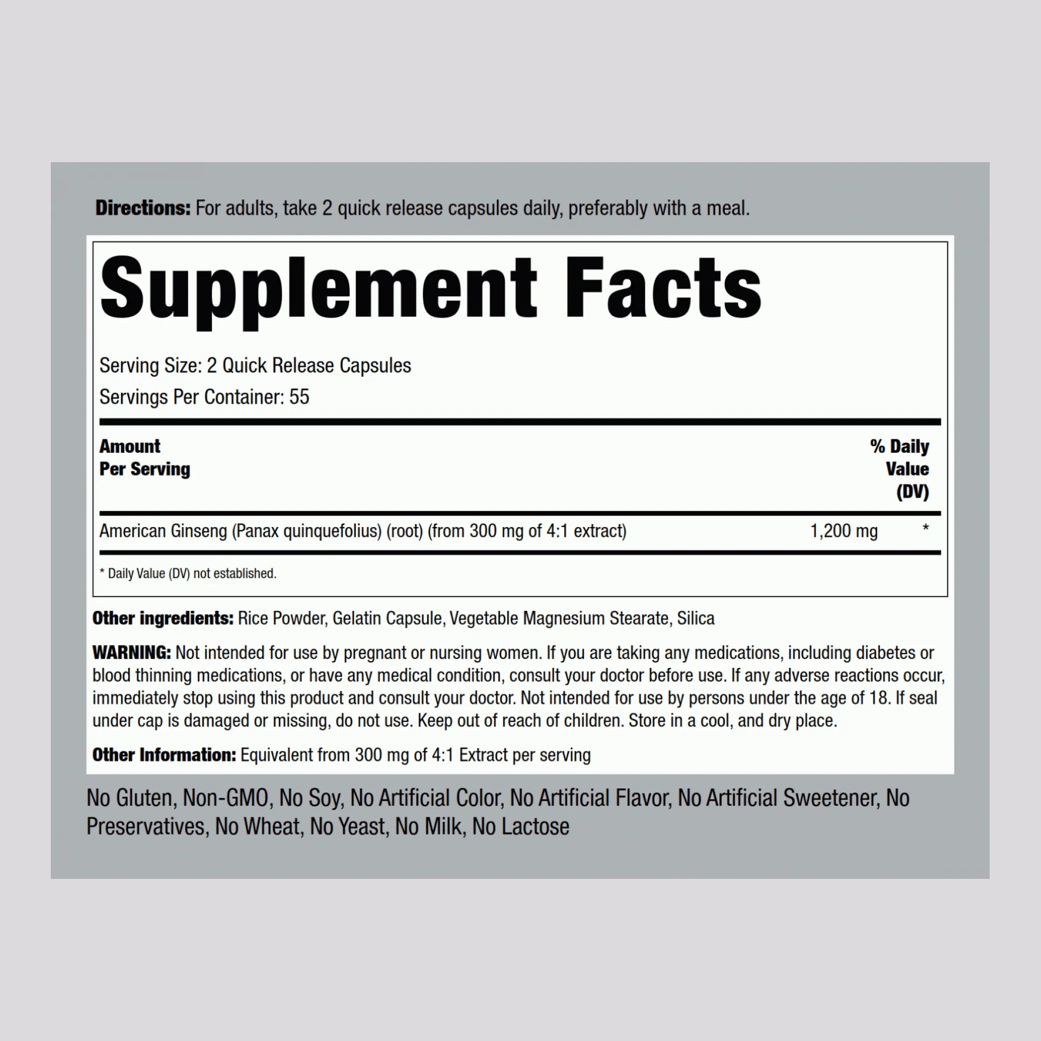 American Ginseng, 1200 mg (per serving), 110 Quick Release Capsules - Image 2