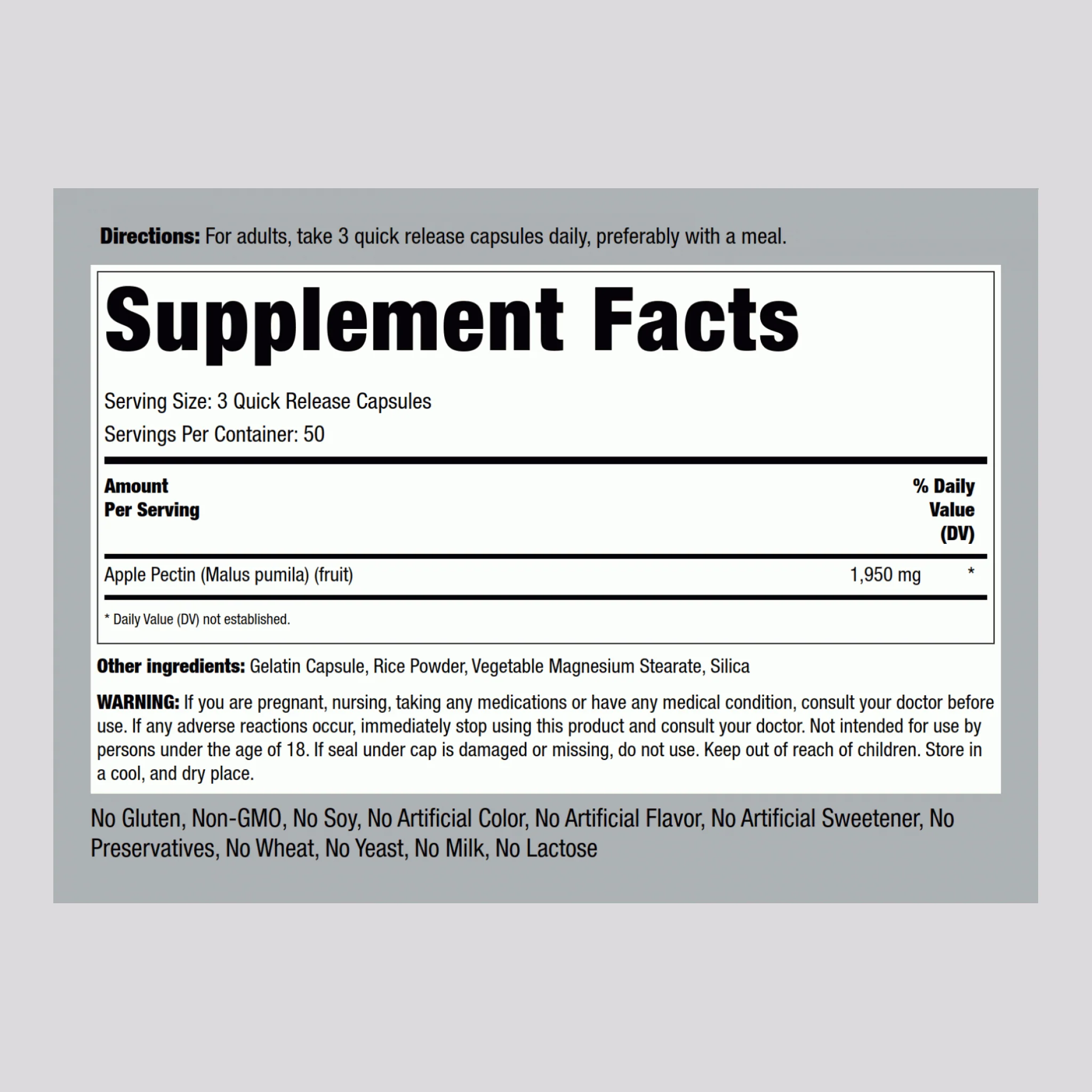 Apple Pectin, 1950 mg (per serving), 150 Quick Release Capsules - Image 2