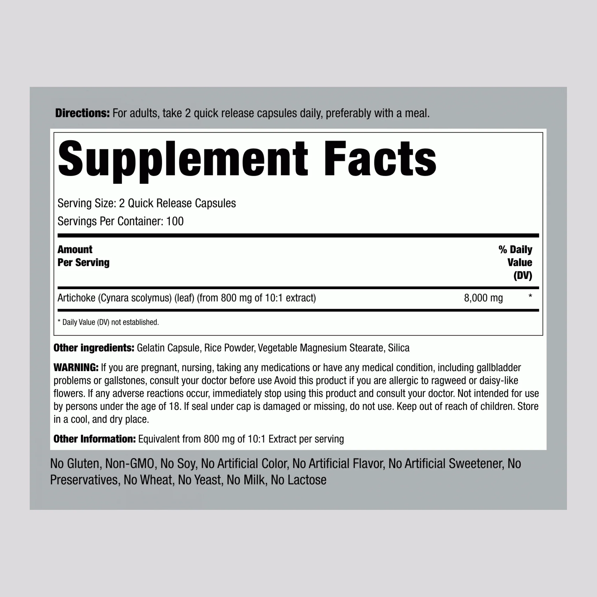 Artichoke Leaf, 8000 mg (per serving), 200 Quick Release Capsules, 2  Bottles - Image 2