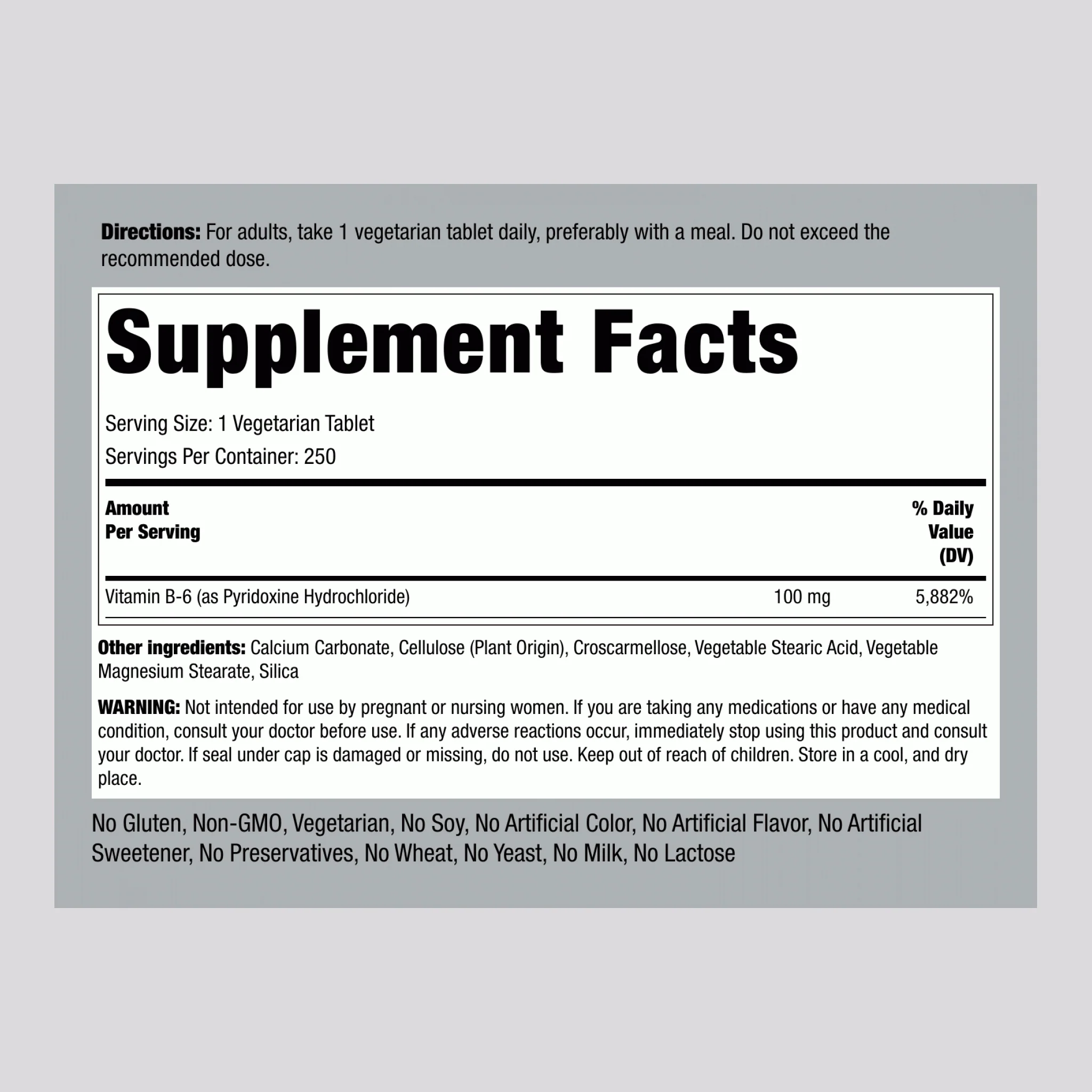 B-6 (Pyridoxine), 100 mg, 250 Tablets - Image 2