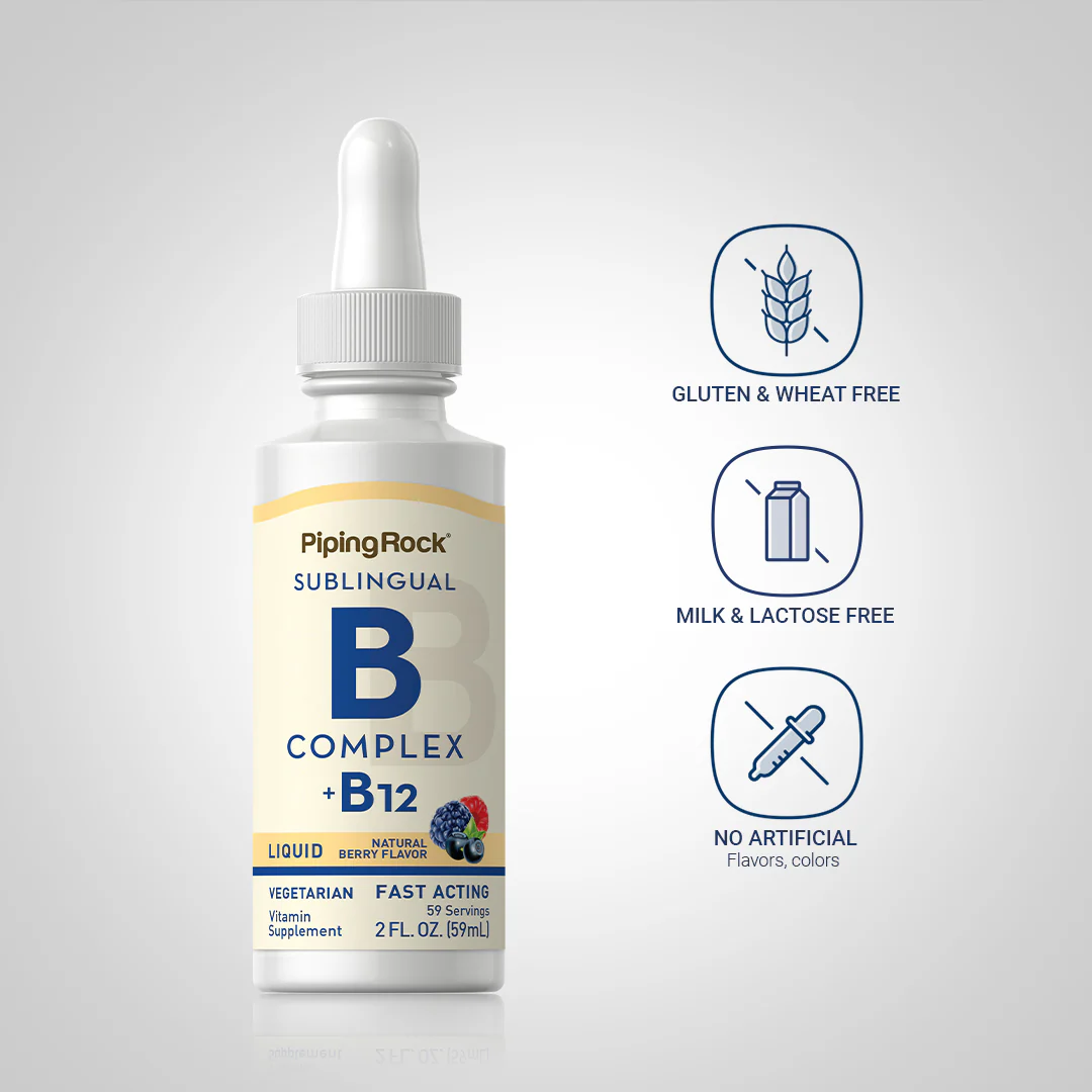 B-Complex Liquid Plus B-12 Sublingual, 1200 mcg, 2 fl oz (59 mL) Dropper Bottle - Image 4