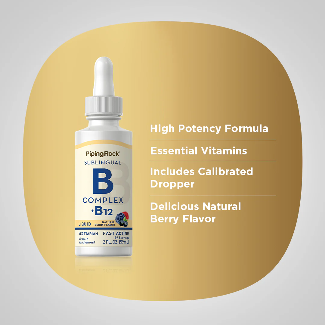 B-Complex Liquid Plus B-12 Sublingual, 1200 mcg, 2 fl oz (59 mL) Dropper Bottle, 4  Bottles - Image 3