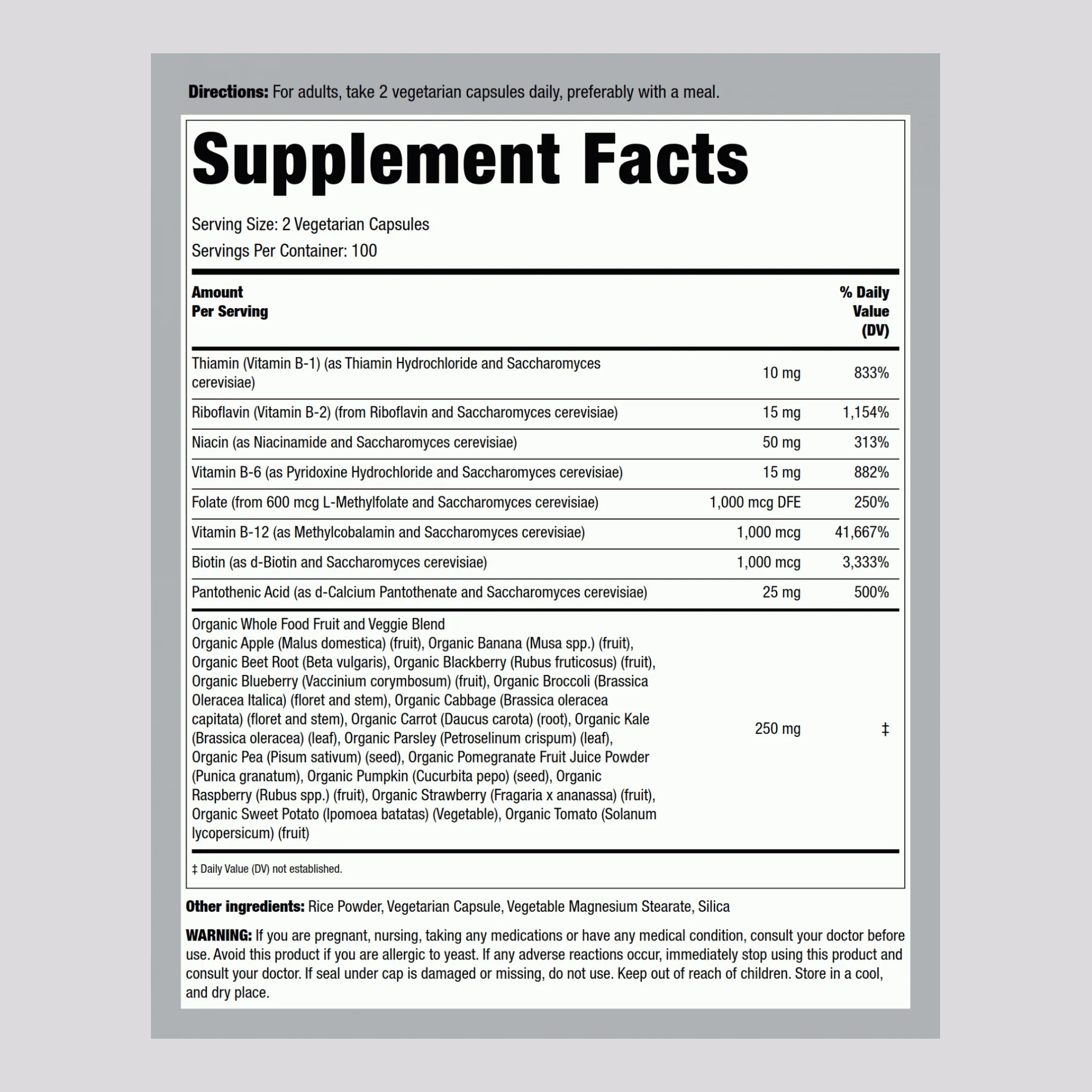 B Complex Whole Food Fruits & Veggies, 200 Vegetarian Capsules - Image 2
