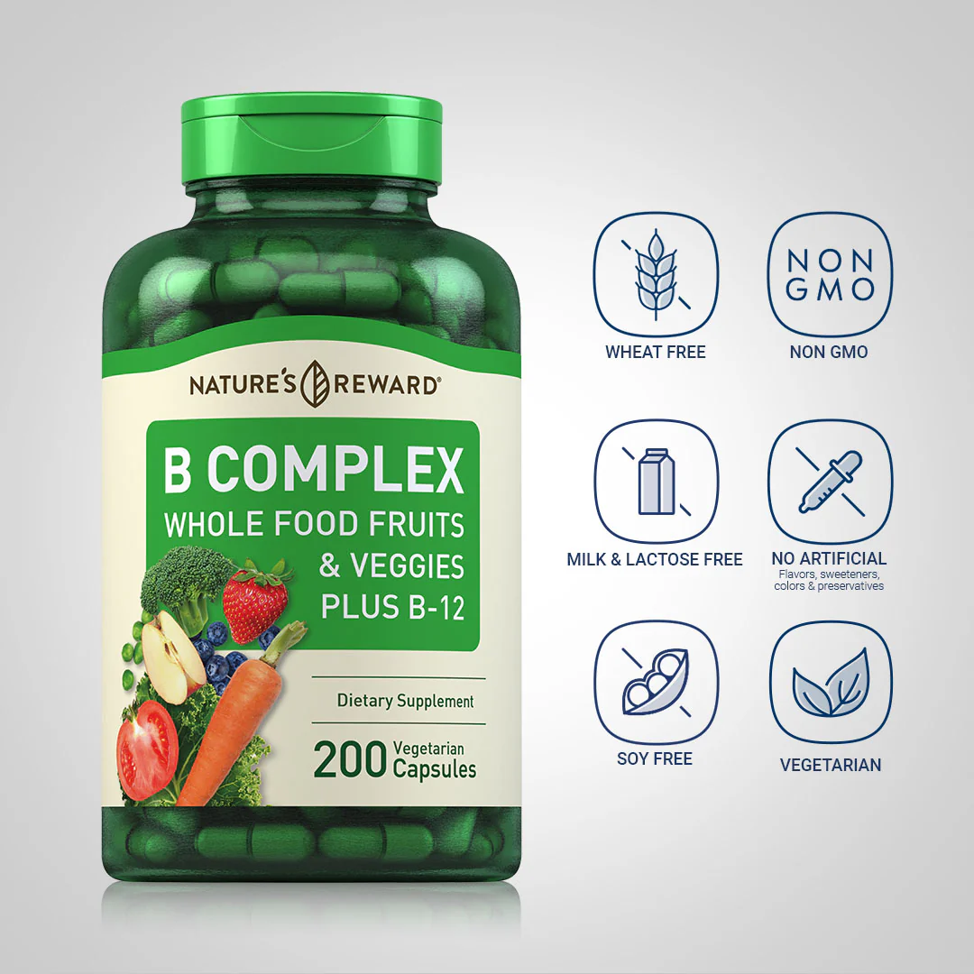 B Complex Whole Food Fruits & Veggies, 200 Vegetarian Capsules - Image 4