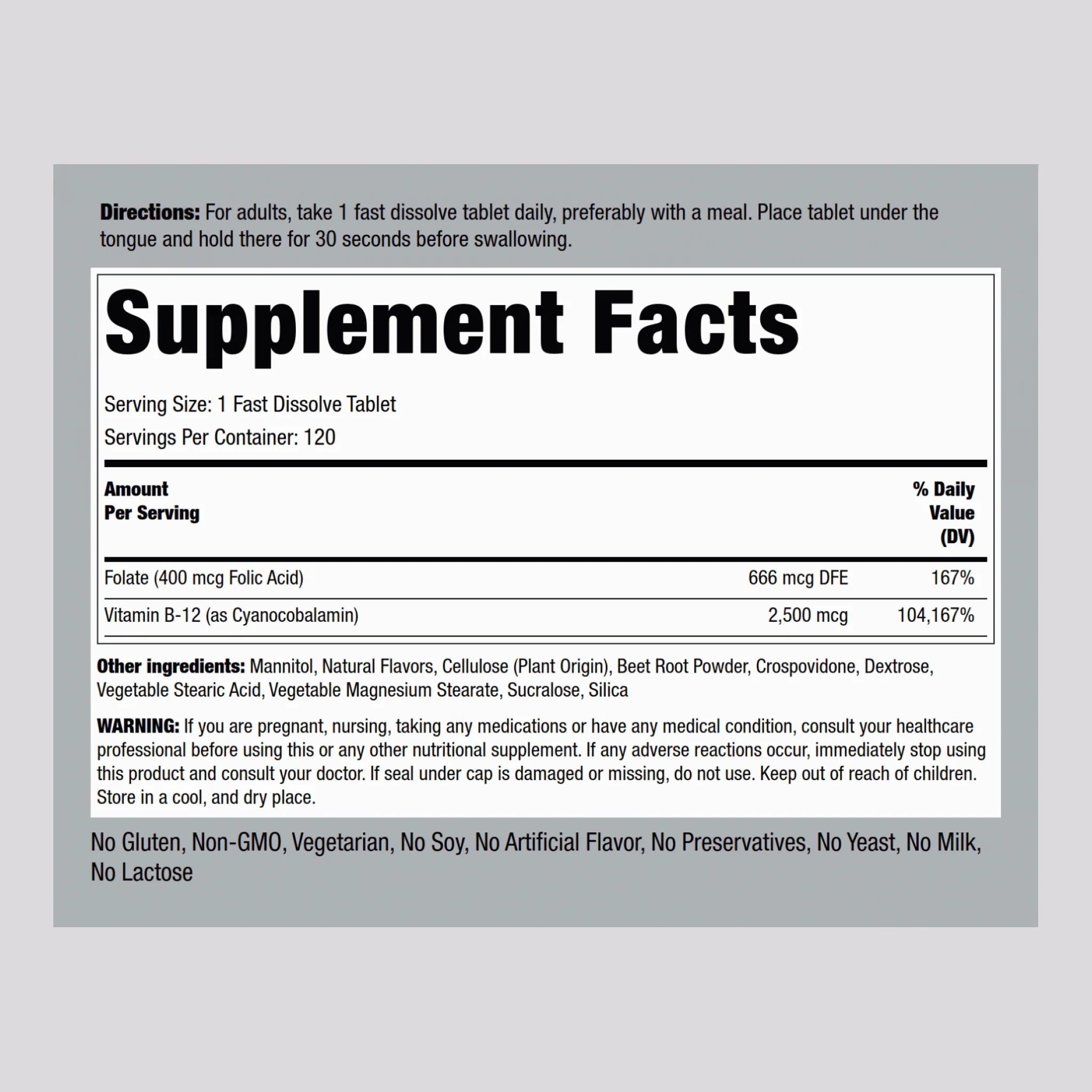 B12 2500 mcg + Folic Acid 400 mcg, 120 Fast Dissolve Tablets - Image 2