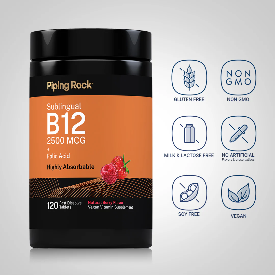 B12 2500 mcg + Folic Acid 400 mcg, 120 Fast Dissolve Tablets, 2  Bottles - Image 5