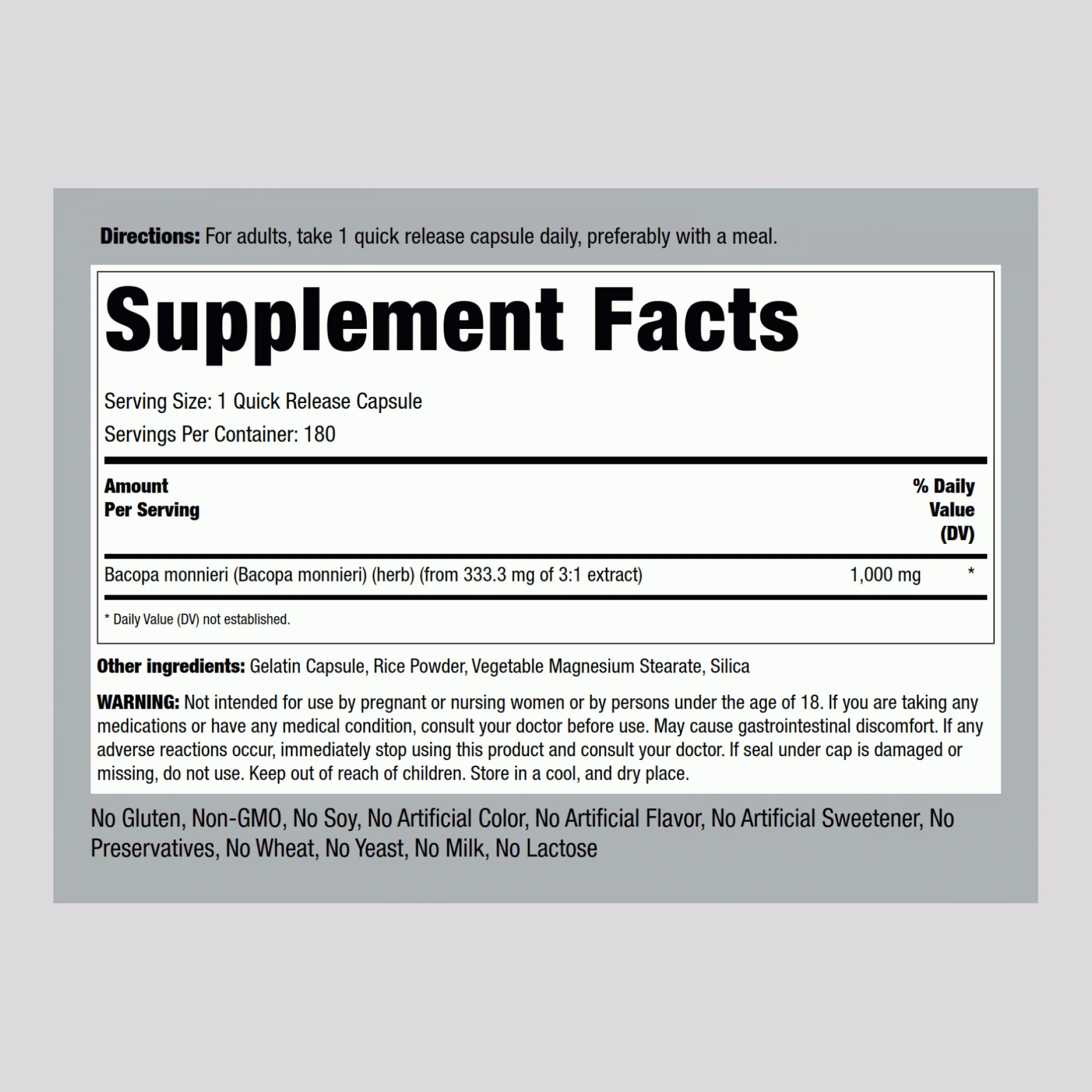 Bacopa Monnieri, 1000 mg, 180 Quick Release Capsules - Image 2