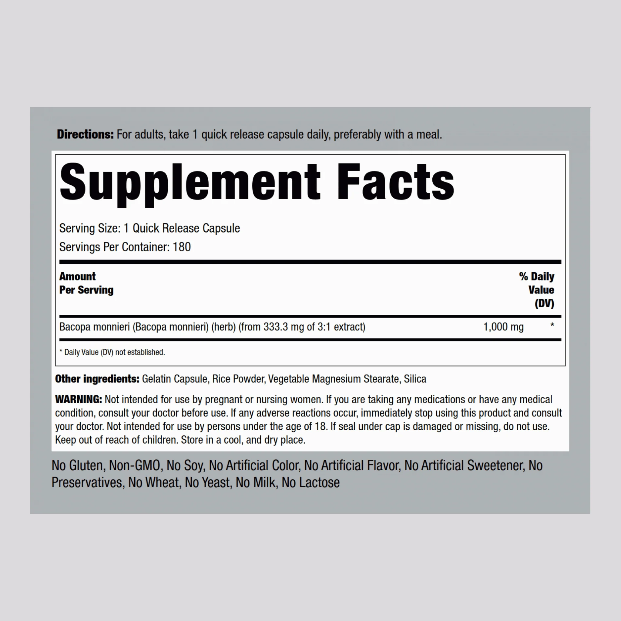 Bacopa Monnieri, 1000 mg, 180 Quick Release Capsules, 2  Bottles - Image 2