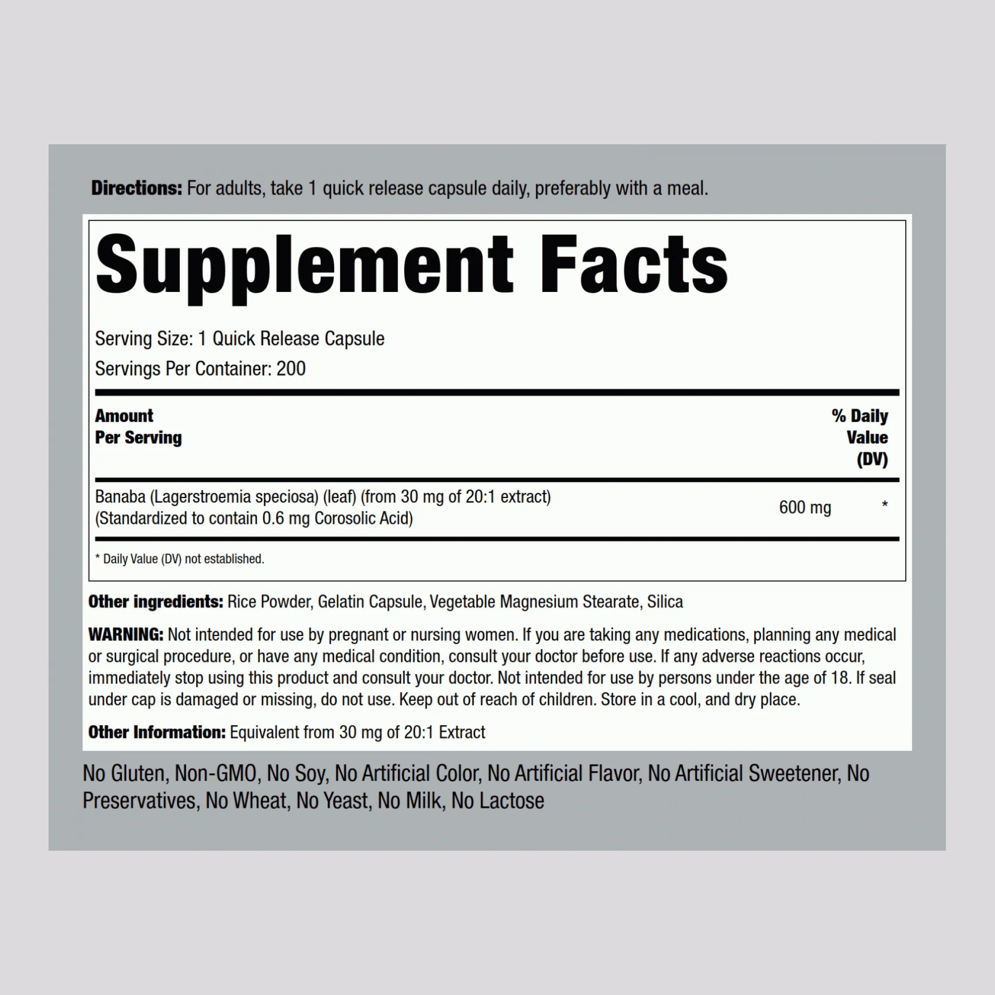Banaba Extract (0.6 mg Corosolic Acid), 600 mg, 200 Quick Release Capsules, 2  Bottles - Image 2