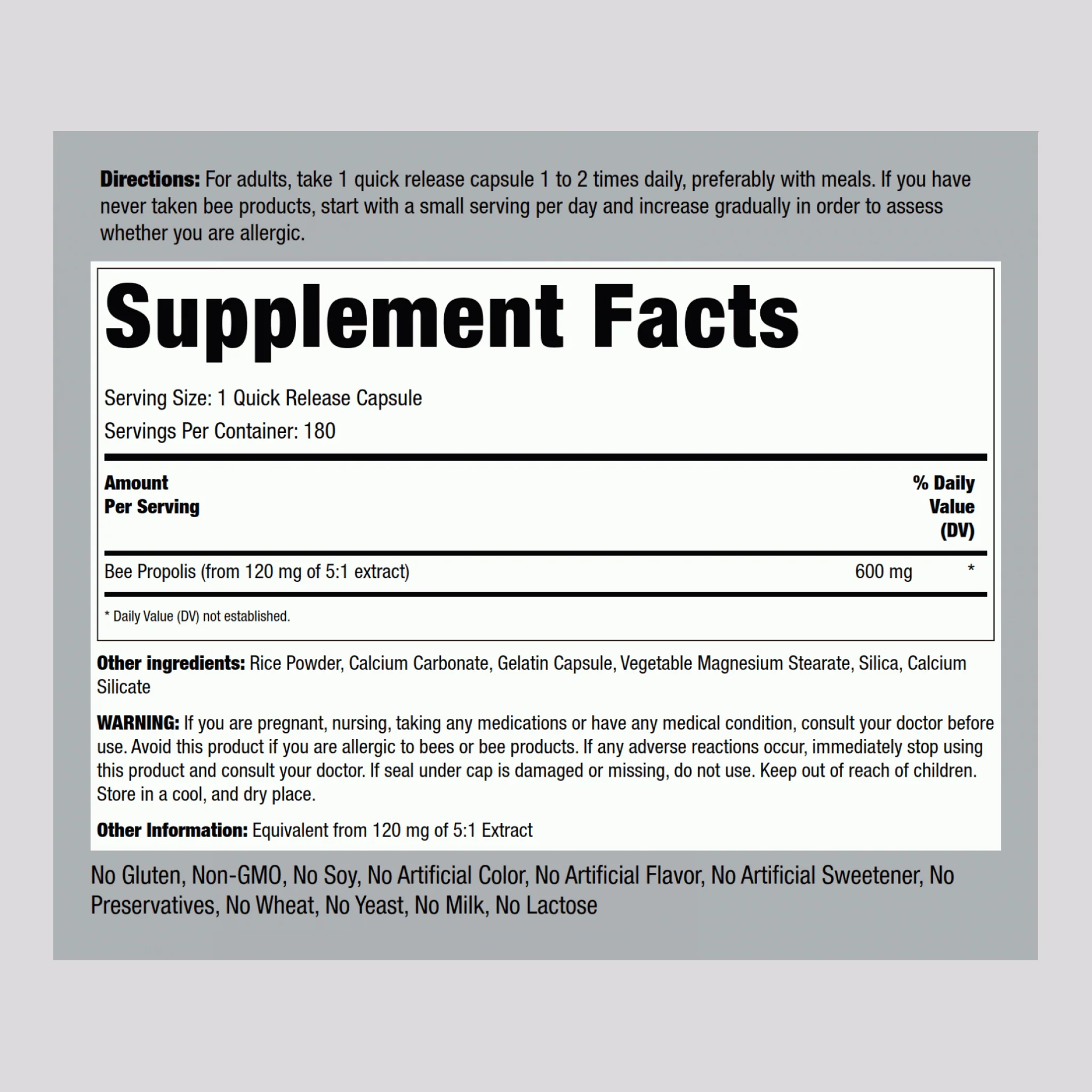 Bee Propolis, 600 mg, 180 Quick Release Capsules - Image 2