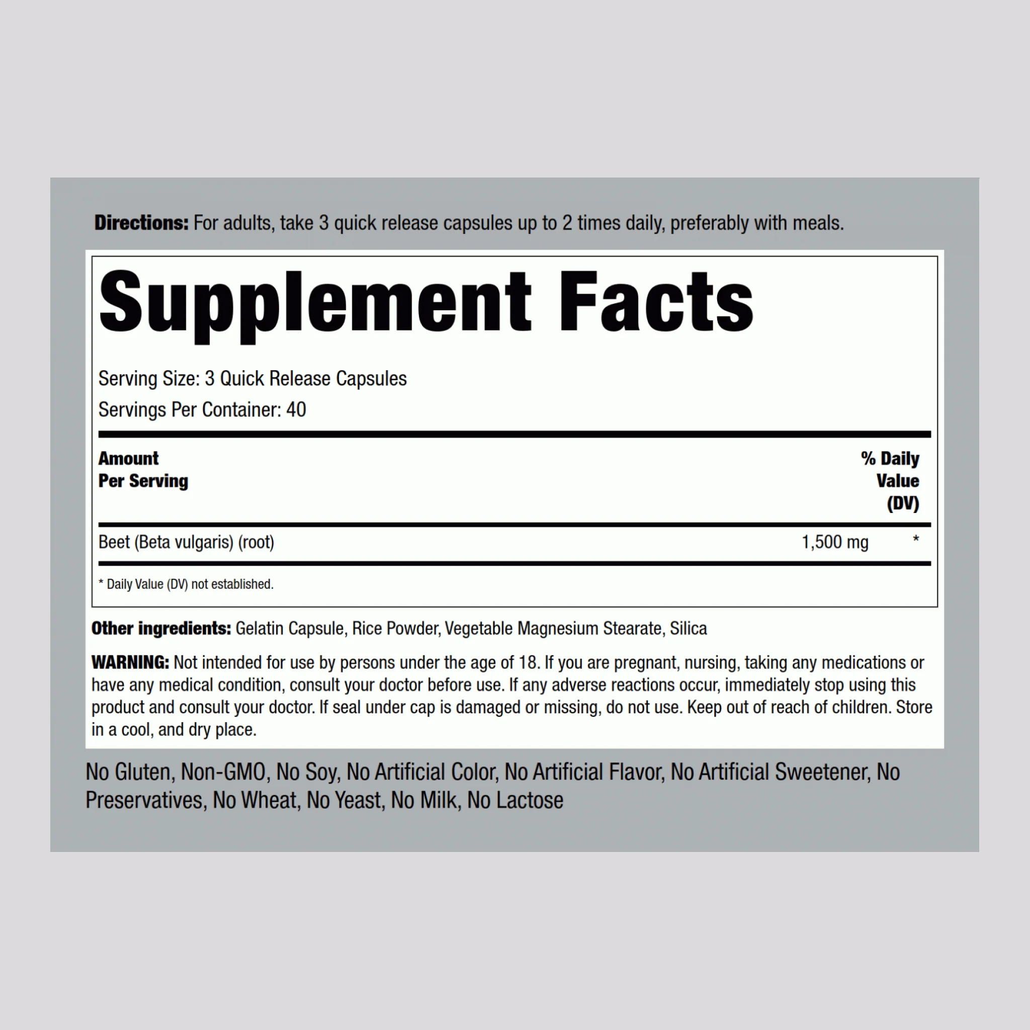 Beet Root, 1500 mg (per serving), 120 Quick Release Capsules - Image 2