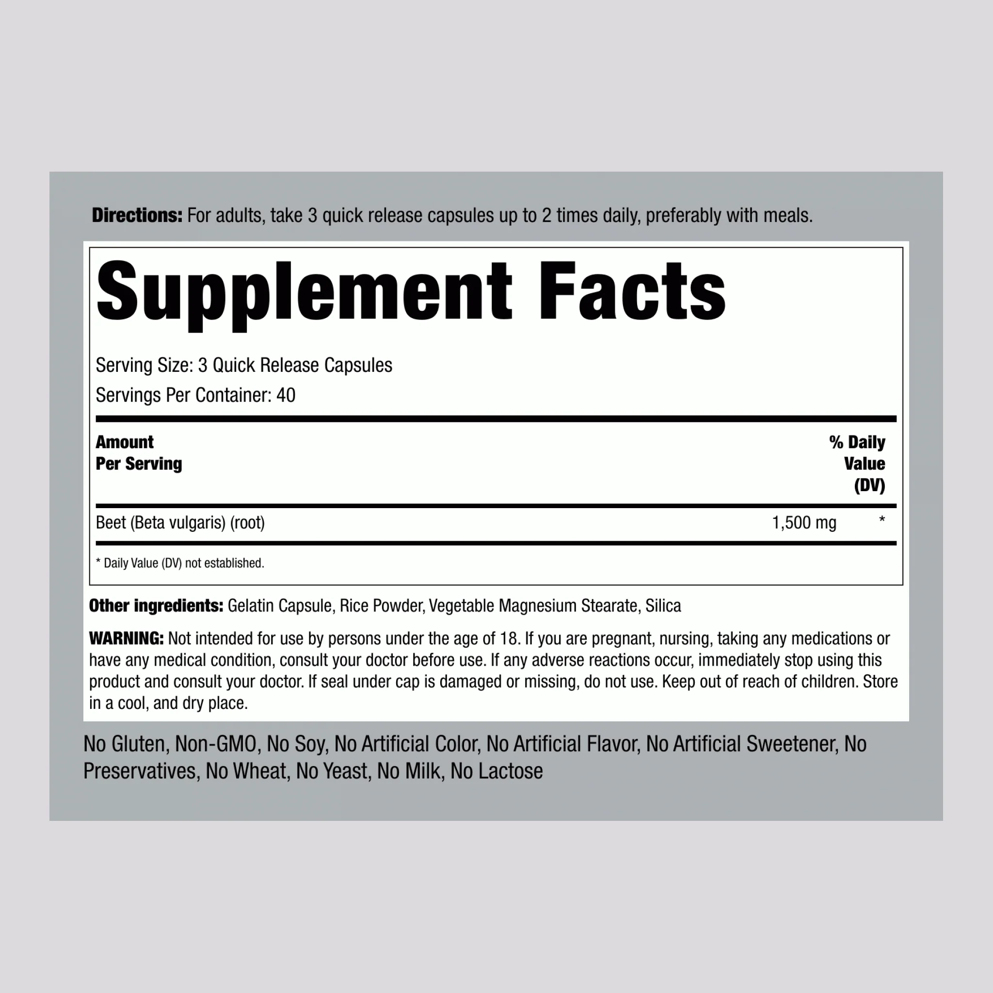 Beet Root, 1500 mg (per serving), 120 Quick Release Capsules, 2  Bottles - Image 2
