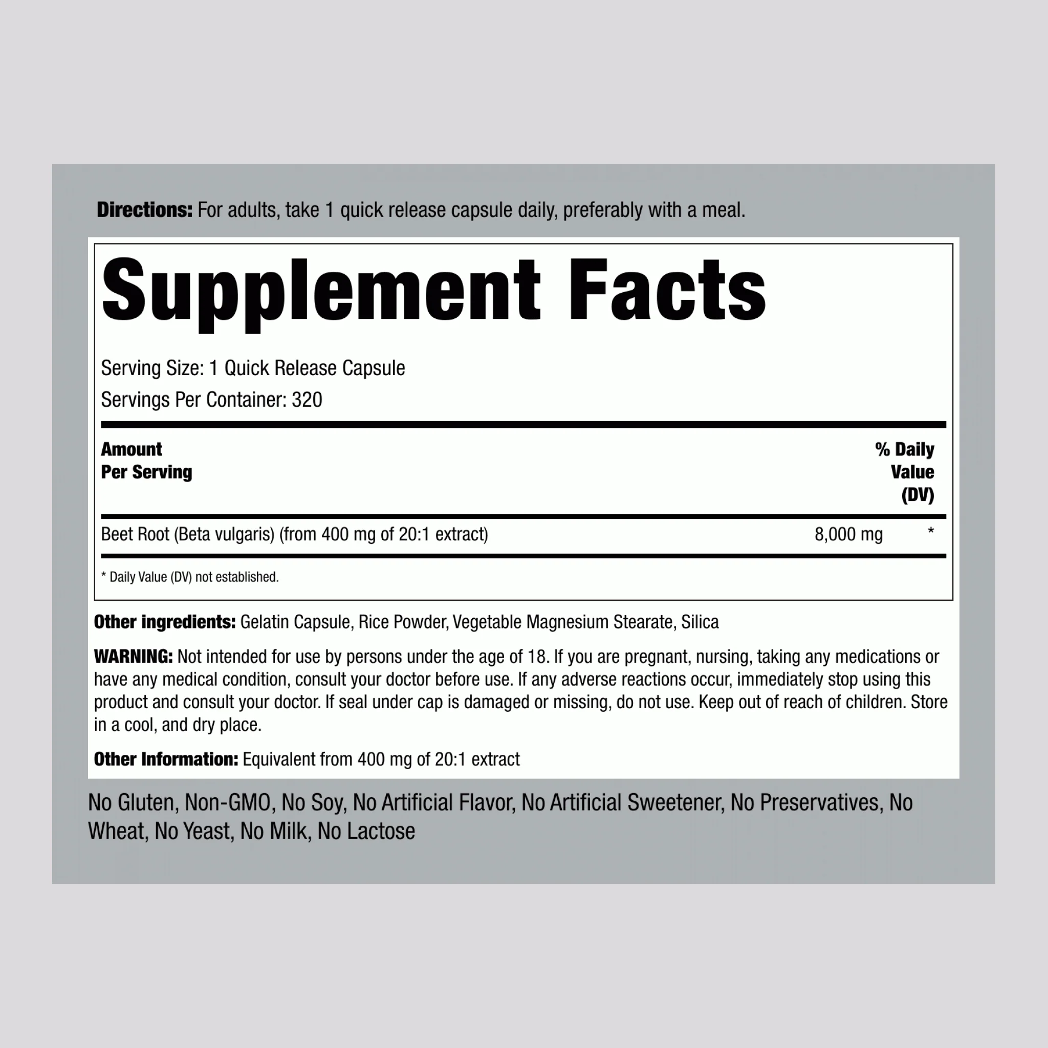 Beet Root Concentrated Extract, 8000 mg, 320 Quick Release Capsules - Image 2
