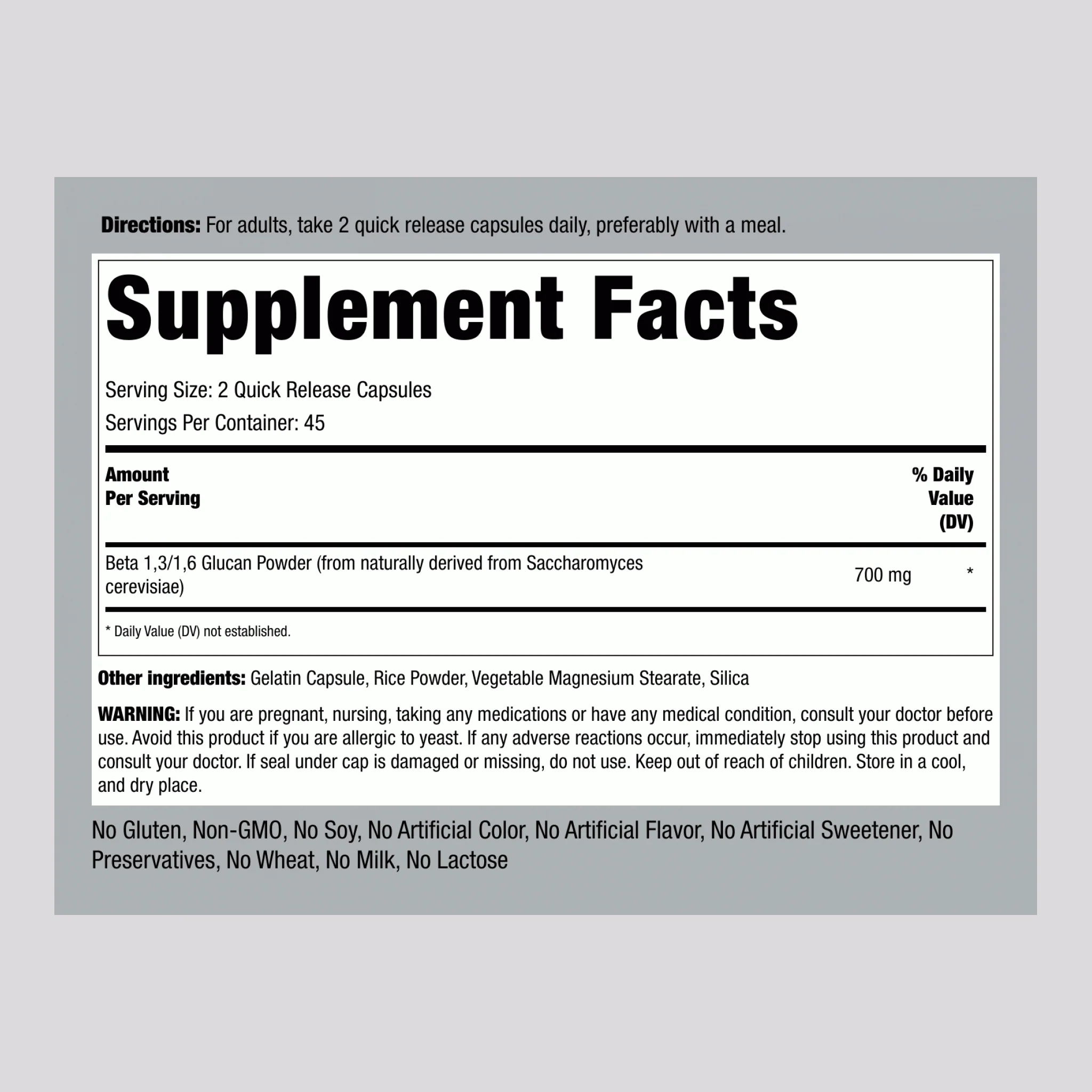 Beta 1,3/1,6-D-Glucan, 700 mg (per serving), 90 Quick Release Capsules, 2  Bottles - Image 2