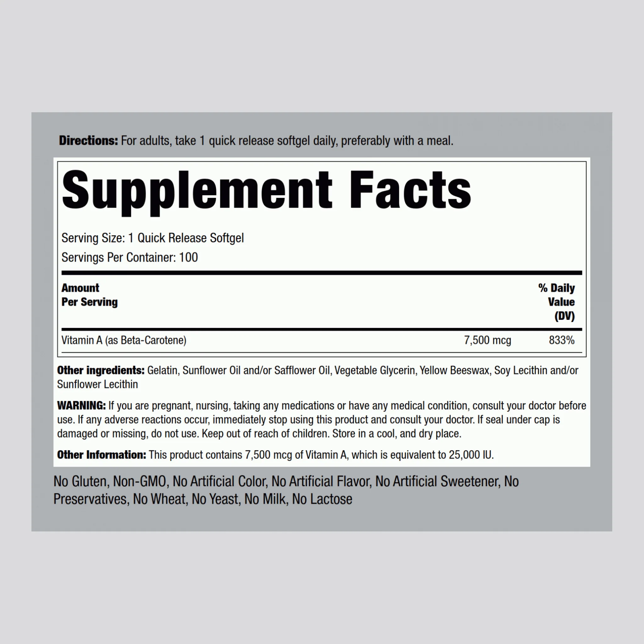 Beta Carotene (Vitamin A), 25,000 IU, 100 Quick Release Softgels, 2  Bottles - Image 2