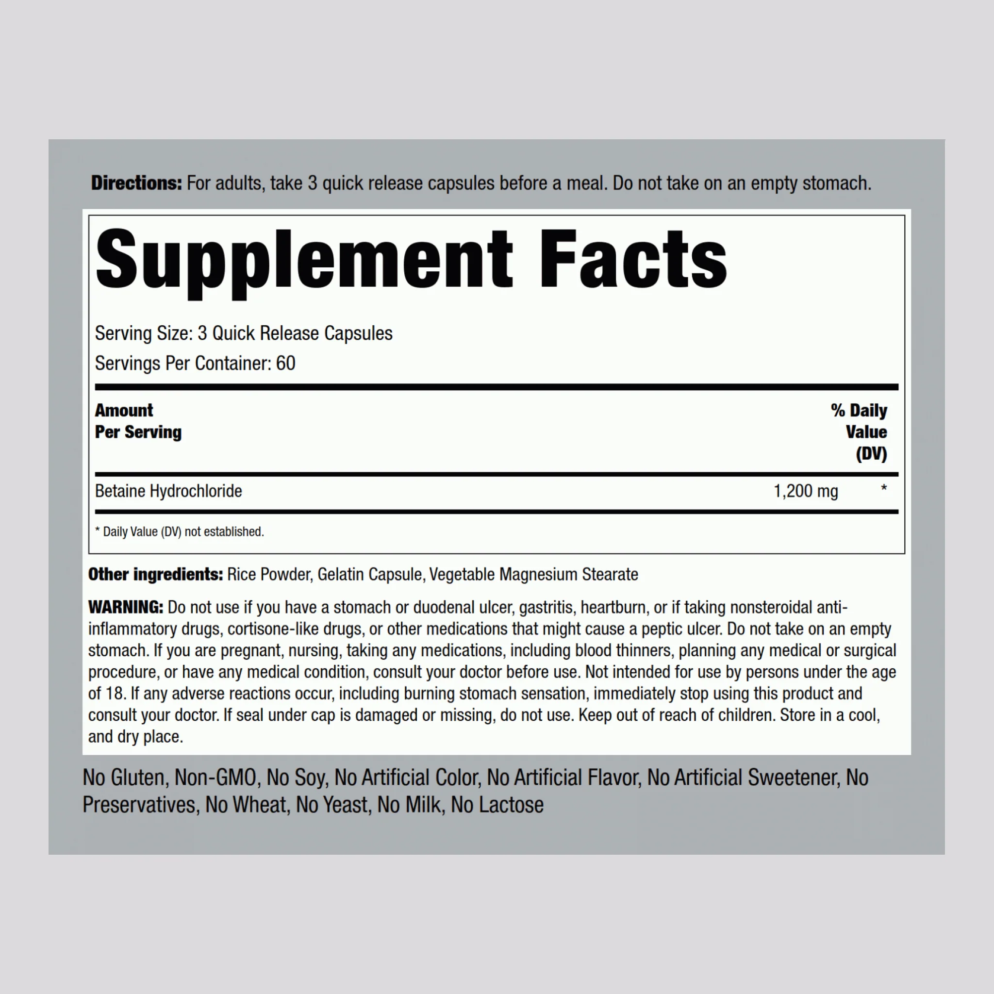 Betaine HCl, 1200 mg (per serving), 180 Quick Release Capsules - Image 2
