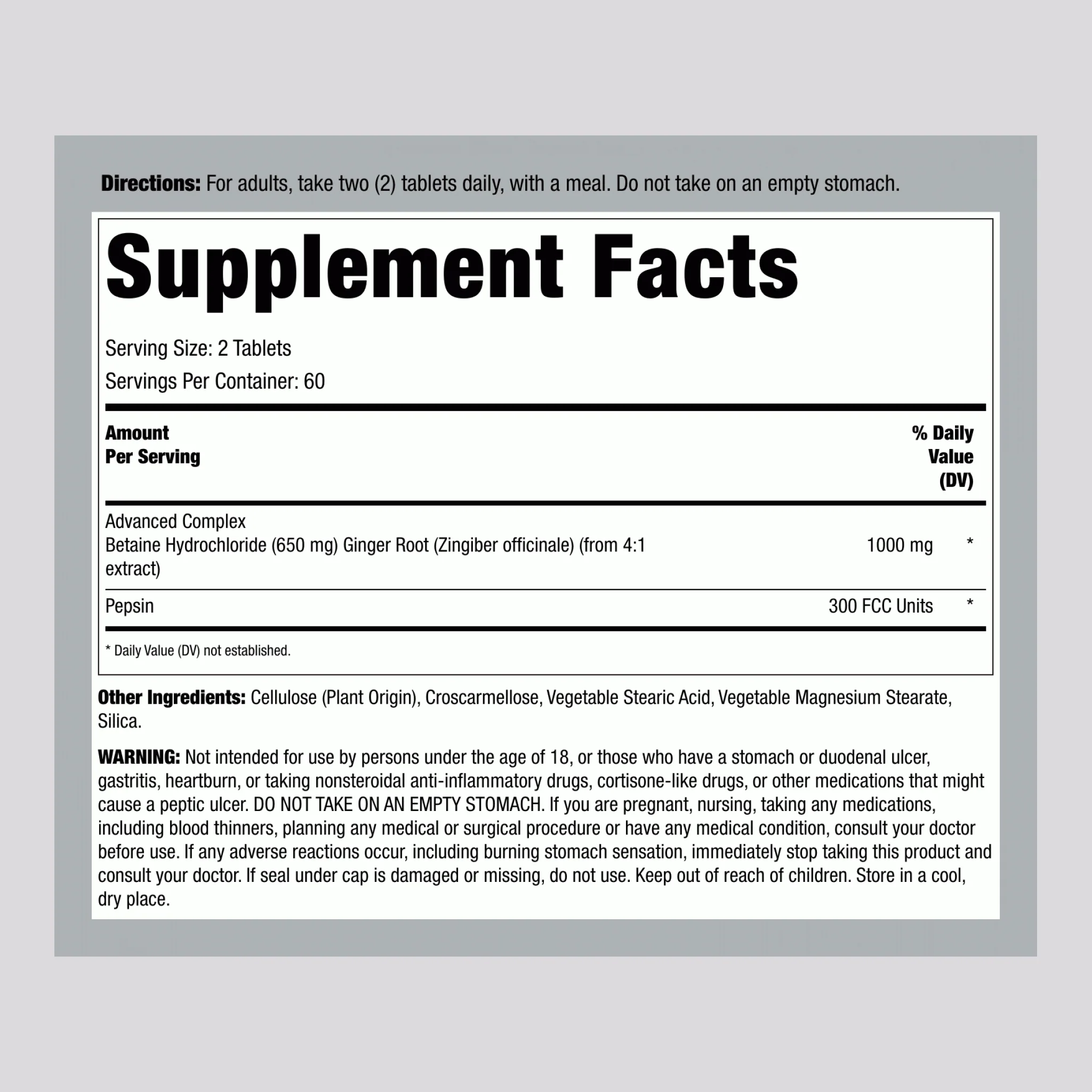 Betaine HCl 650 mg with Pepsin & Ginger, 120 Tablets - Image 2