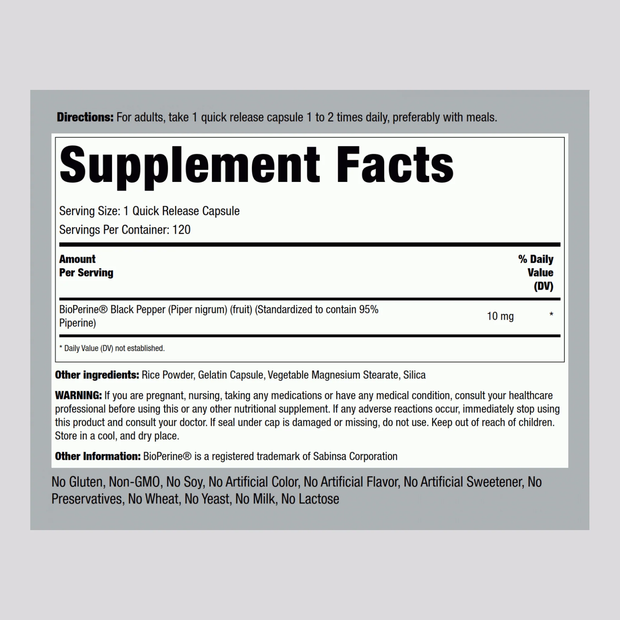 BioPerine Black Pepper Extract, 10 mg, 120 Quick Release Capsules, 2  Bottles - Image 2