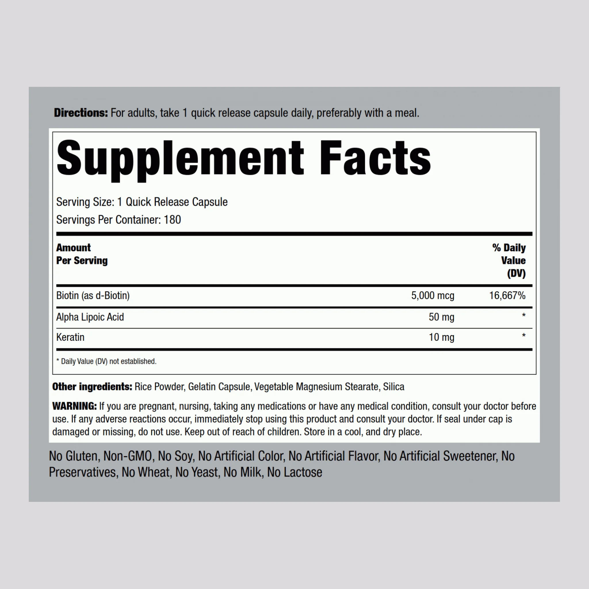 Biotin 5000 mcg (5mg) Plus Keratin, 180 Quick Release Capsules, 2  Bottles - Image 2