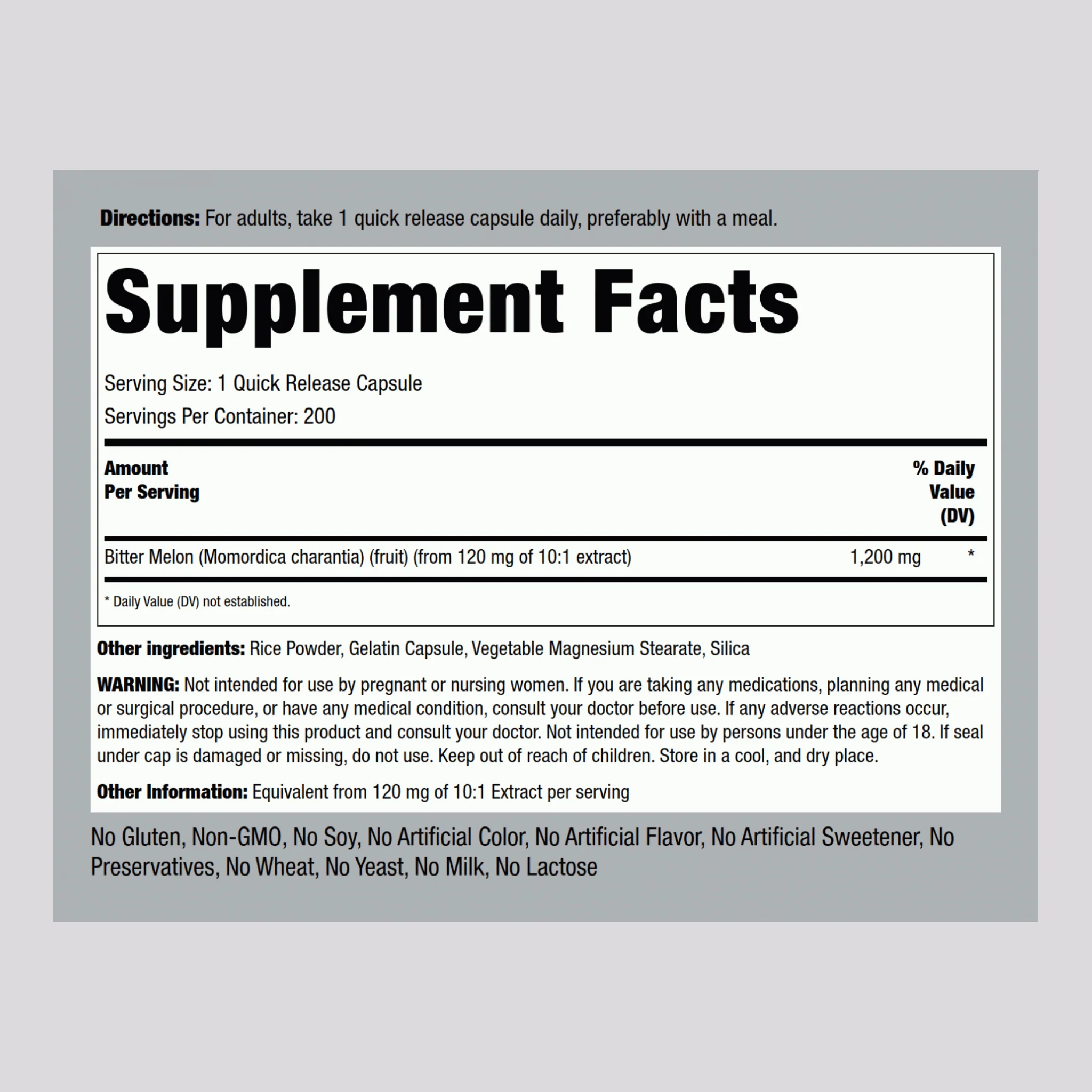 Bitter Melon / Momordica, 1200 mg, 200 Quick Release Capsules - Image 2