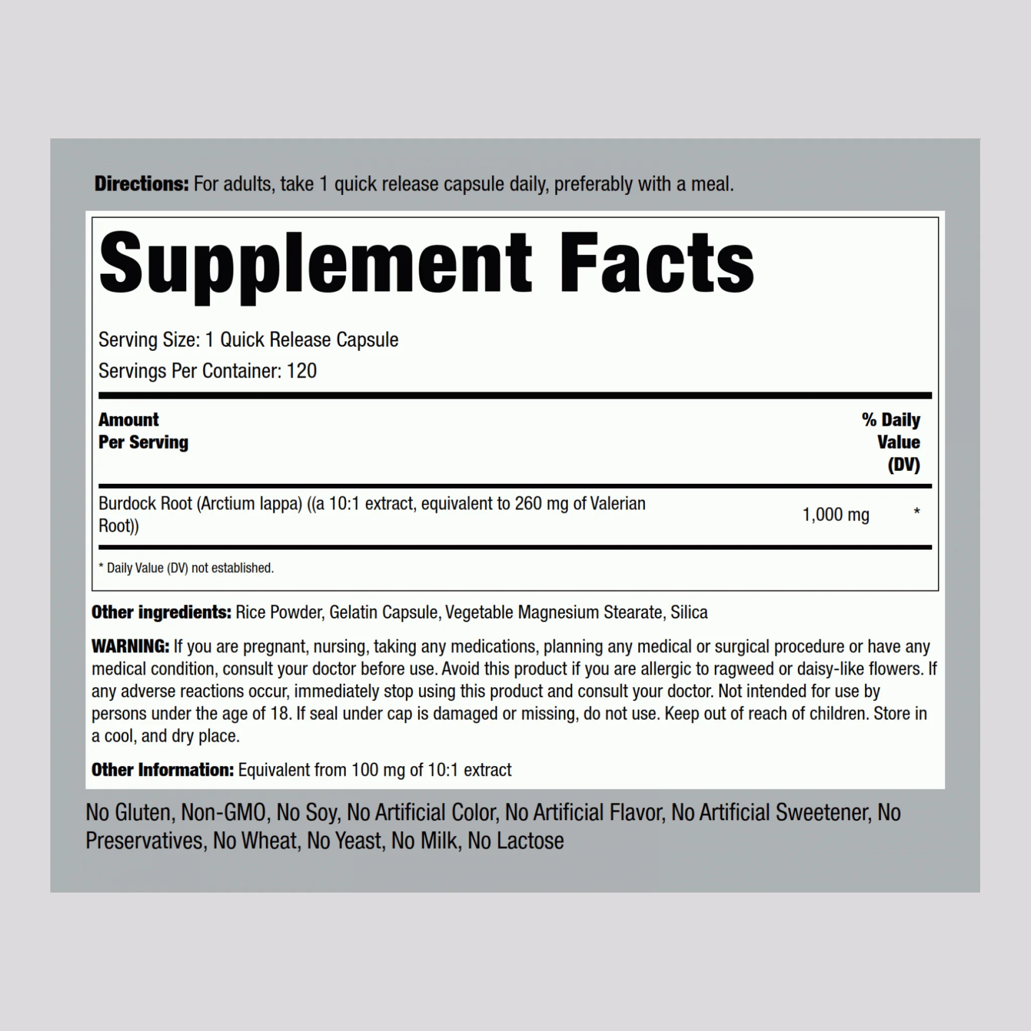Burdock Root, 1000 mg, 120 Quick Release Capsules - Image 2