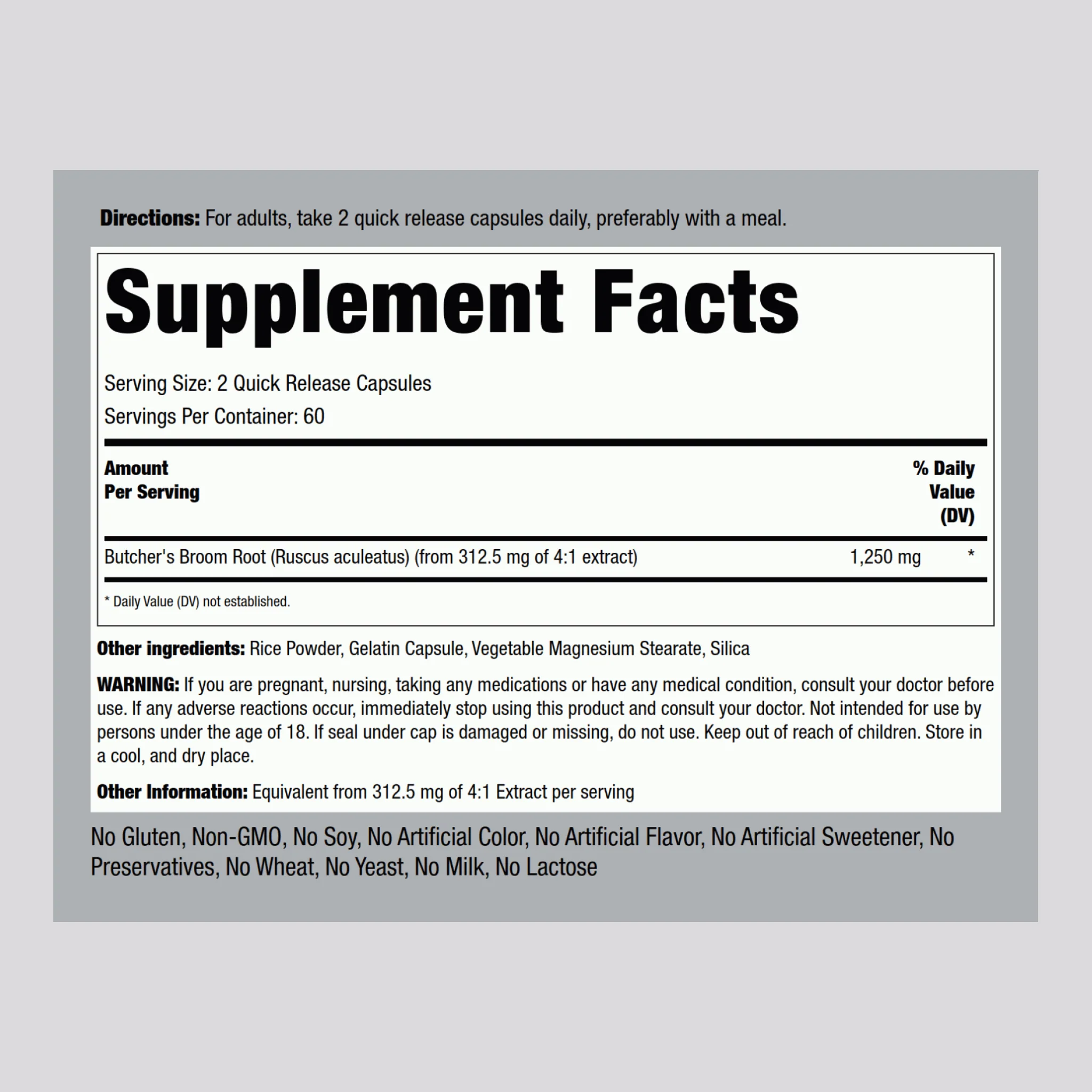 Butcher's Broom, 1250 mg (per serving), 120 Quick Release Capsules - Image 2
