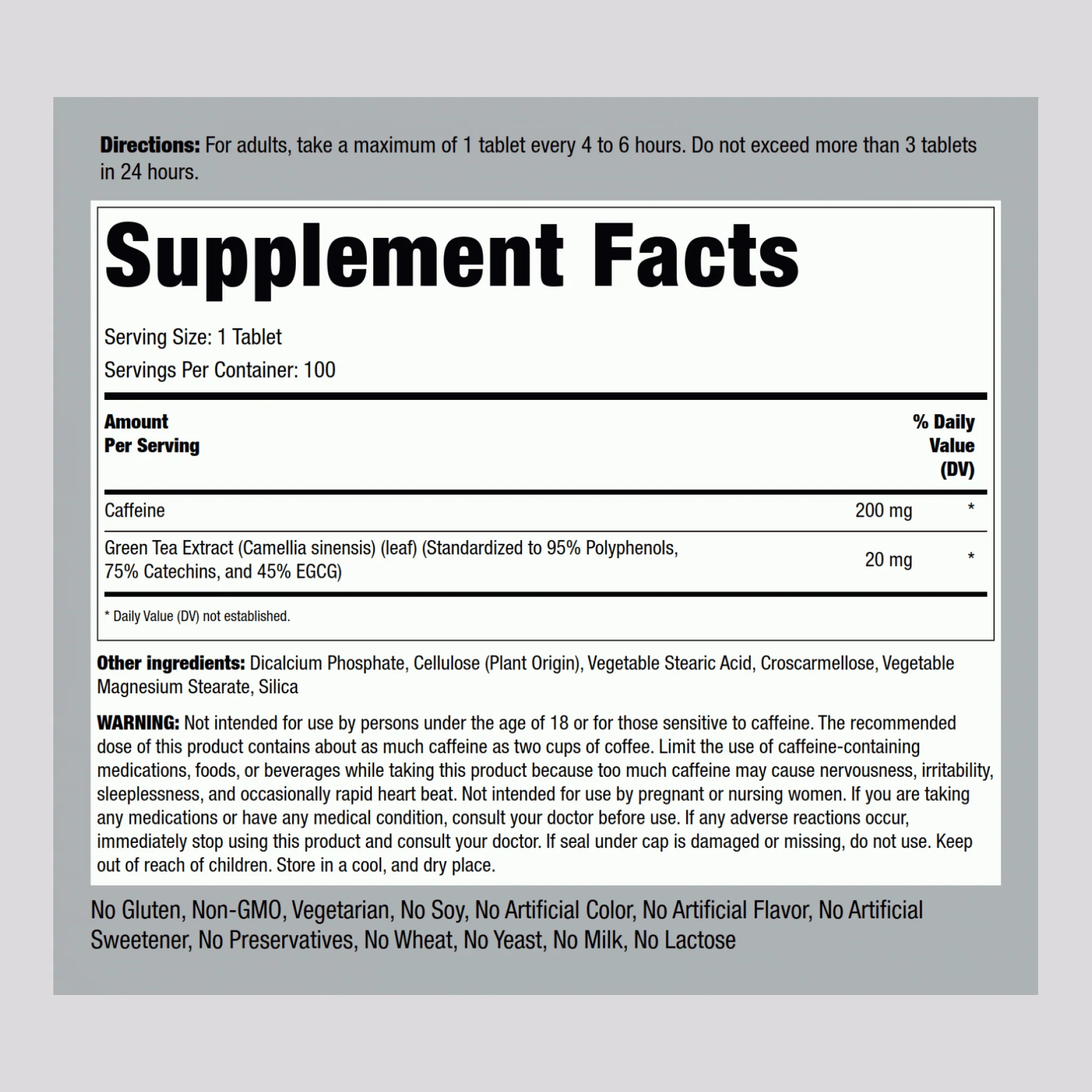 Caffeine Plus Green Tea, 220 mg, 100 Tablets - Image 2