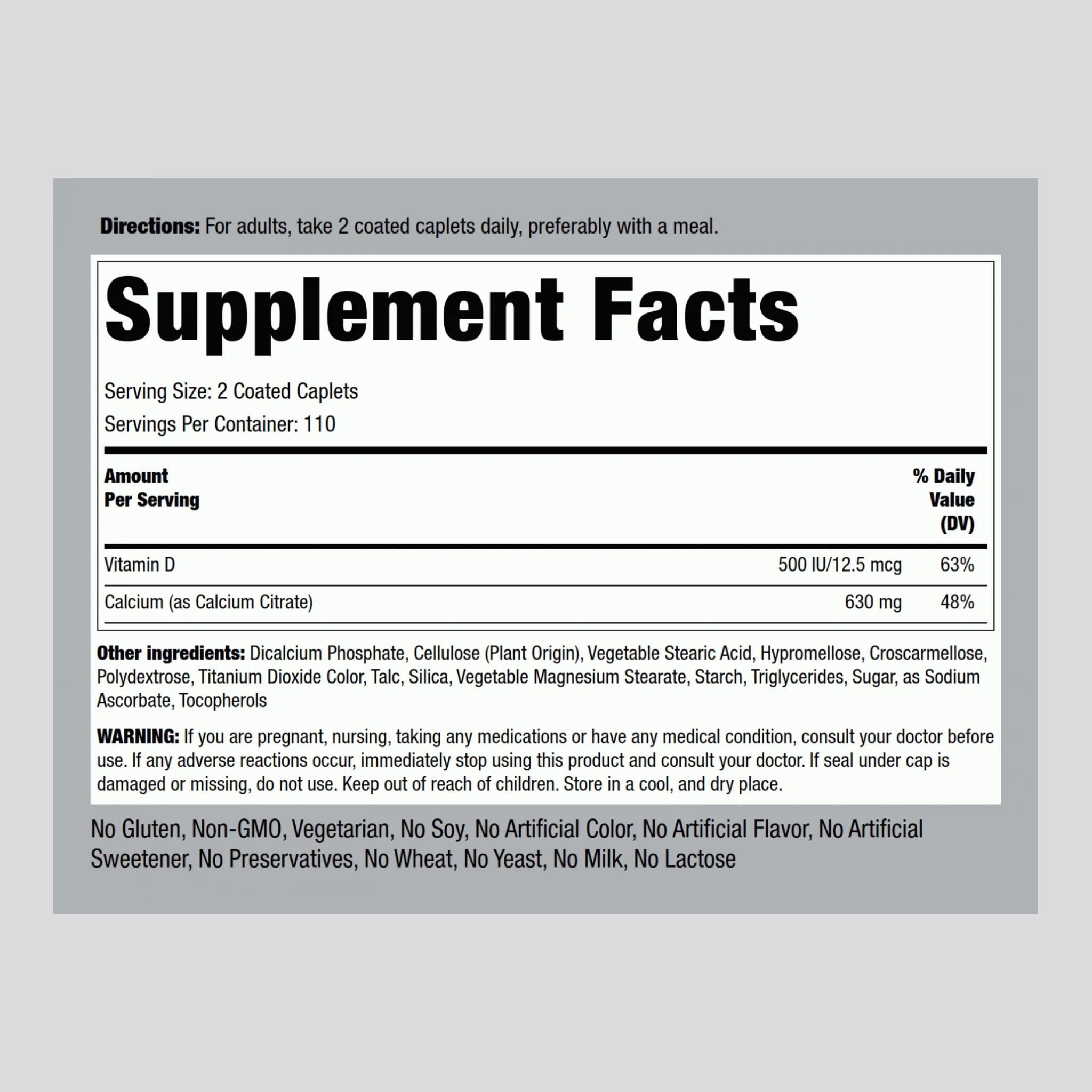Calcium Citrate 630 mg (per serving) Plus D3 500 IU, 220 Coated Caplets, 2  Bottles - Image 2