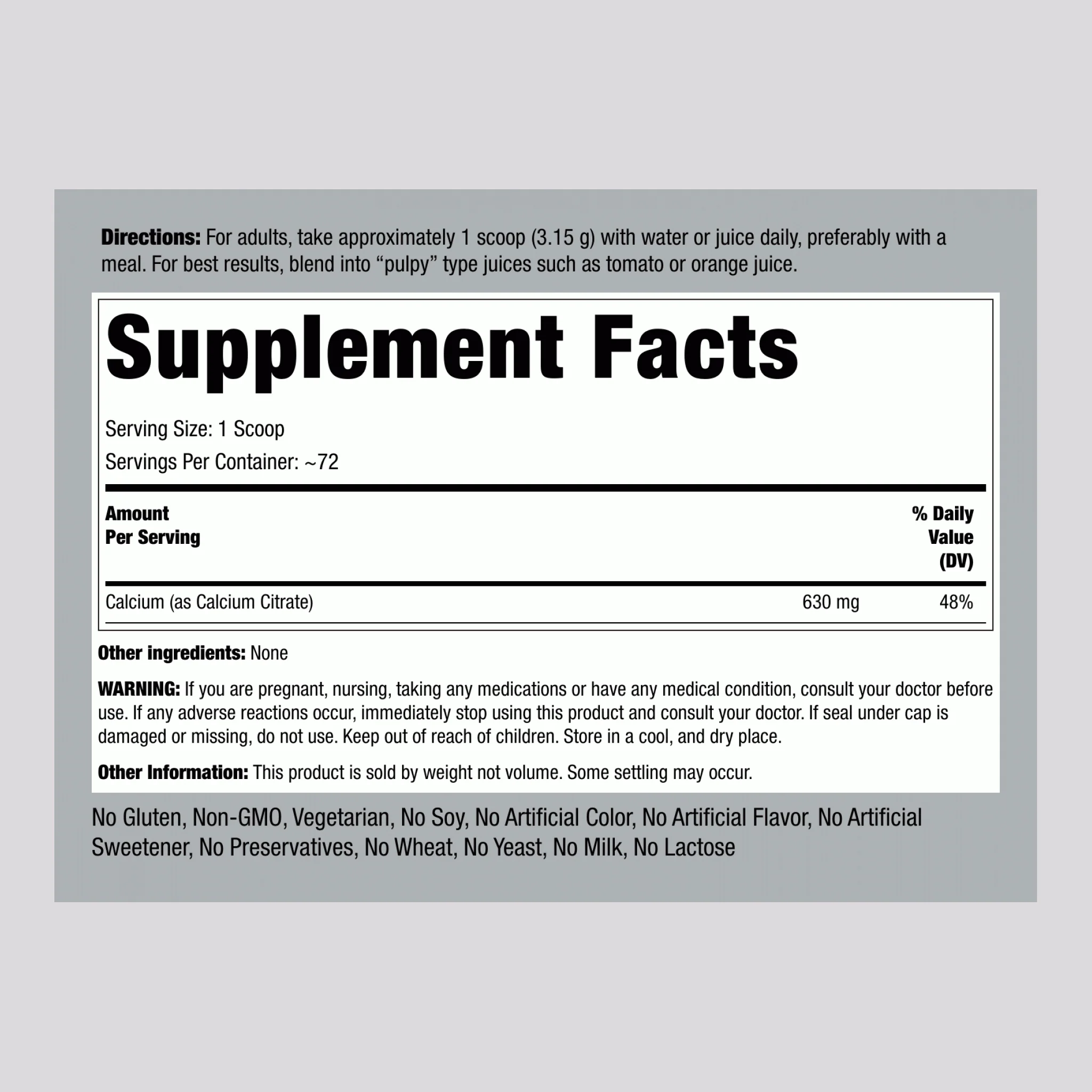 Calcium Citrate Powder, 630 mg (per serving), 8 oz (227 g) Bottle - Image 2