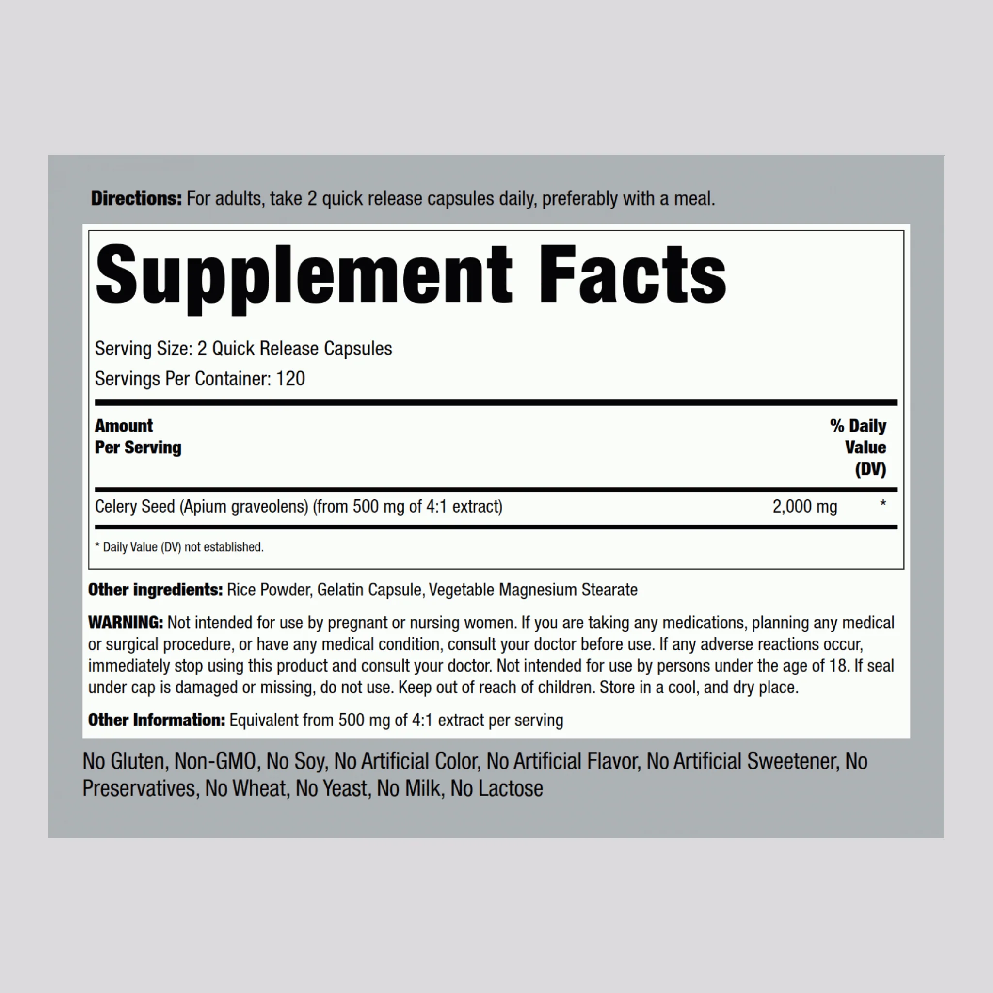 Celery Seed, 2000 mg (per serving), 240 Quick Release Capsules - Image 2