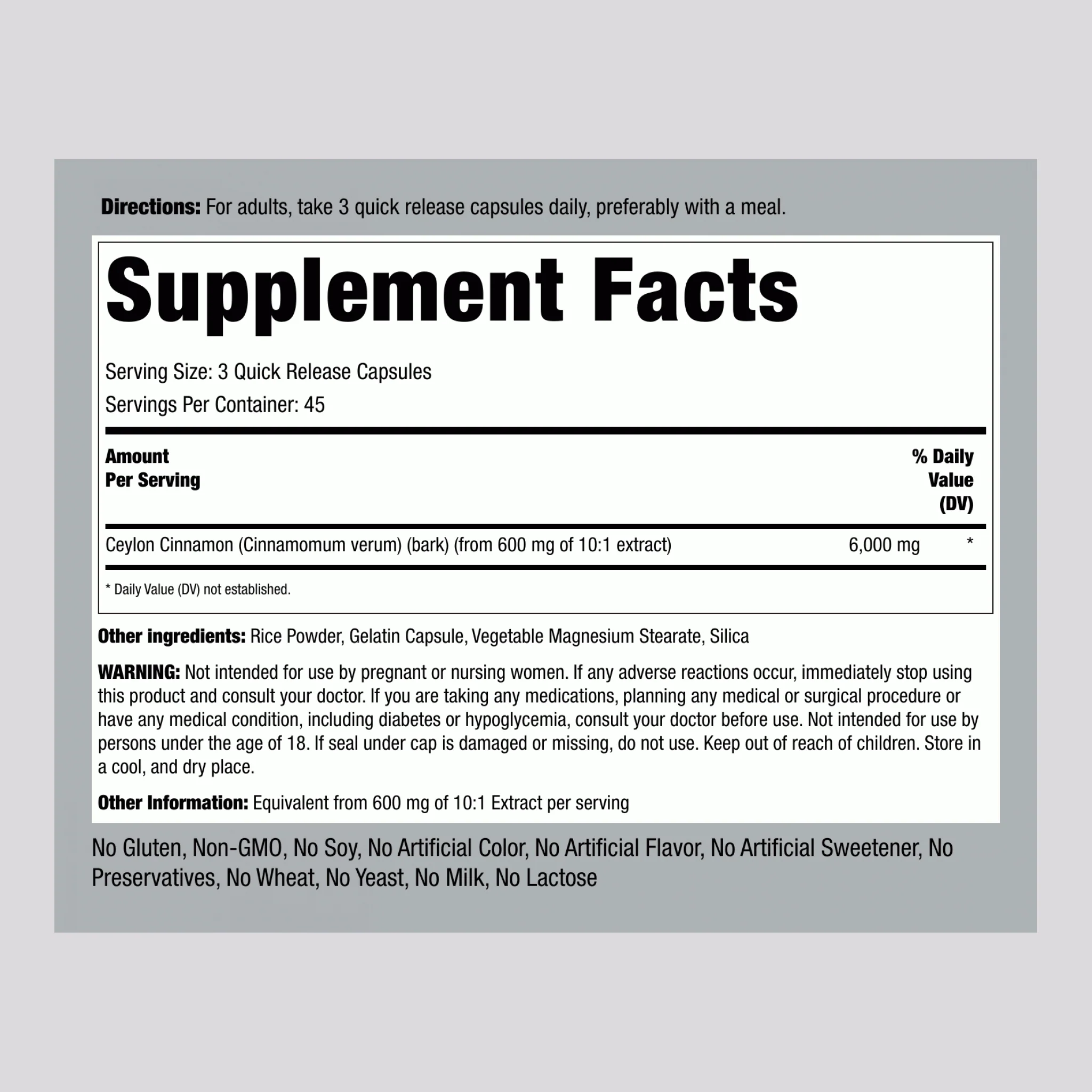 Ceylon Cinnamon, 6000 mg (per serving), 135 Quick Release Capsules, 2  Bottles - Image 2