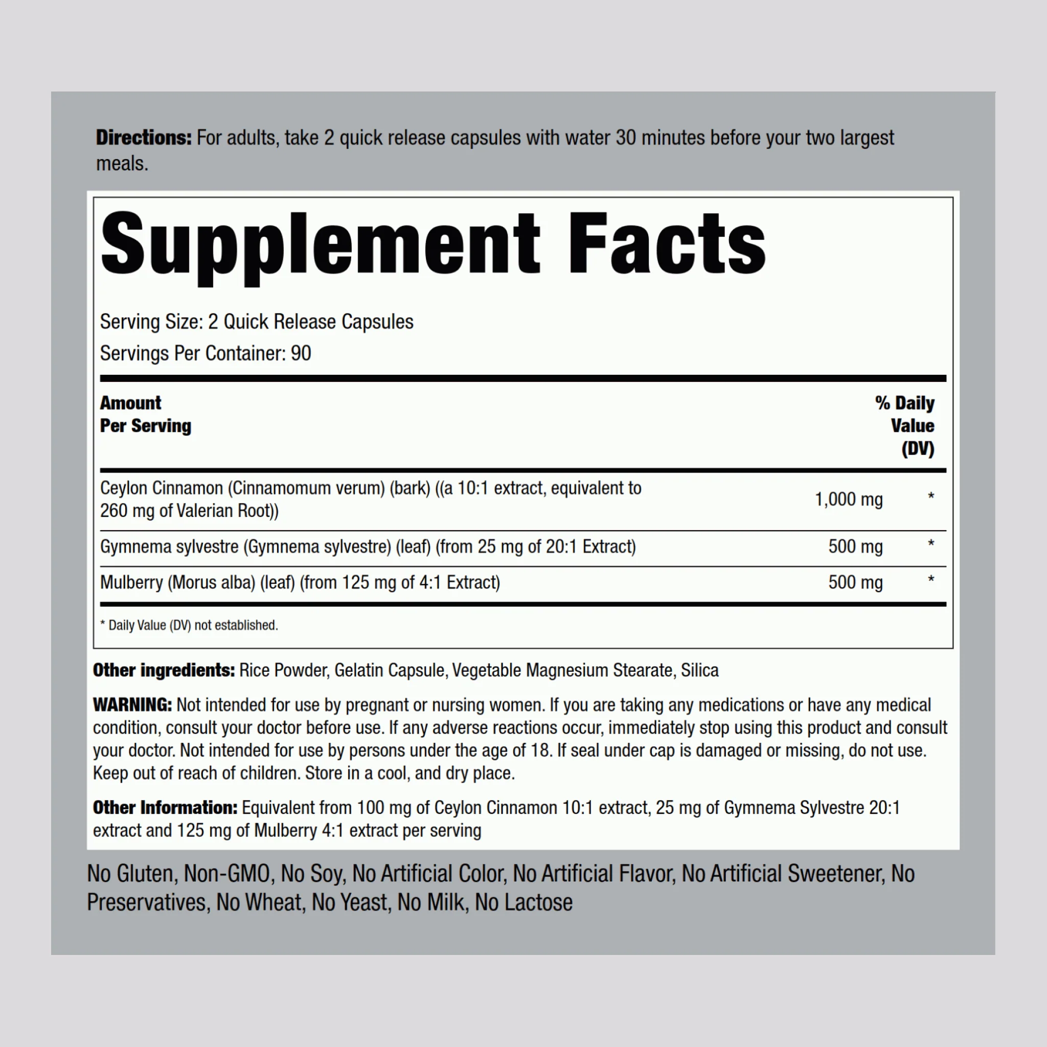 Ceylon Cinnamon Gymnema Mulberry Complex, 2000 mg (per serving), 180 Quick Release Capsules - Image 2