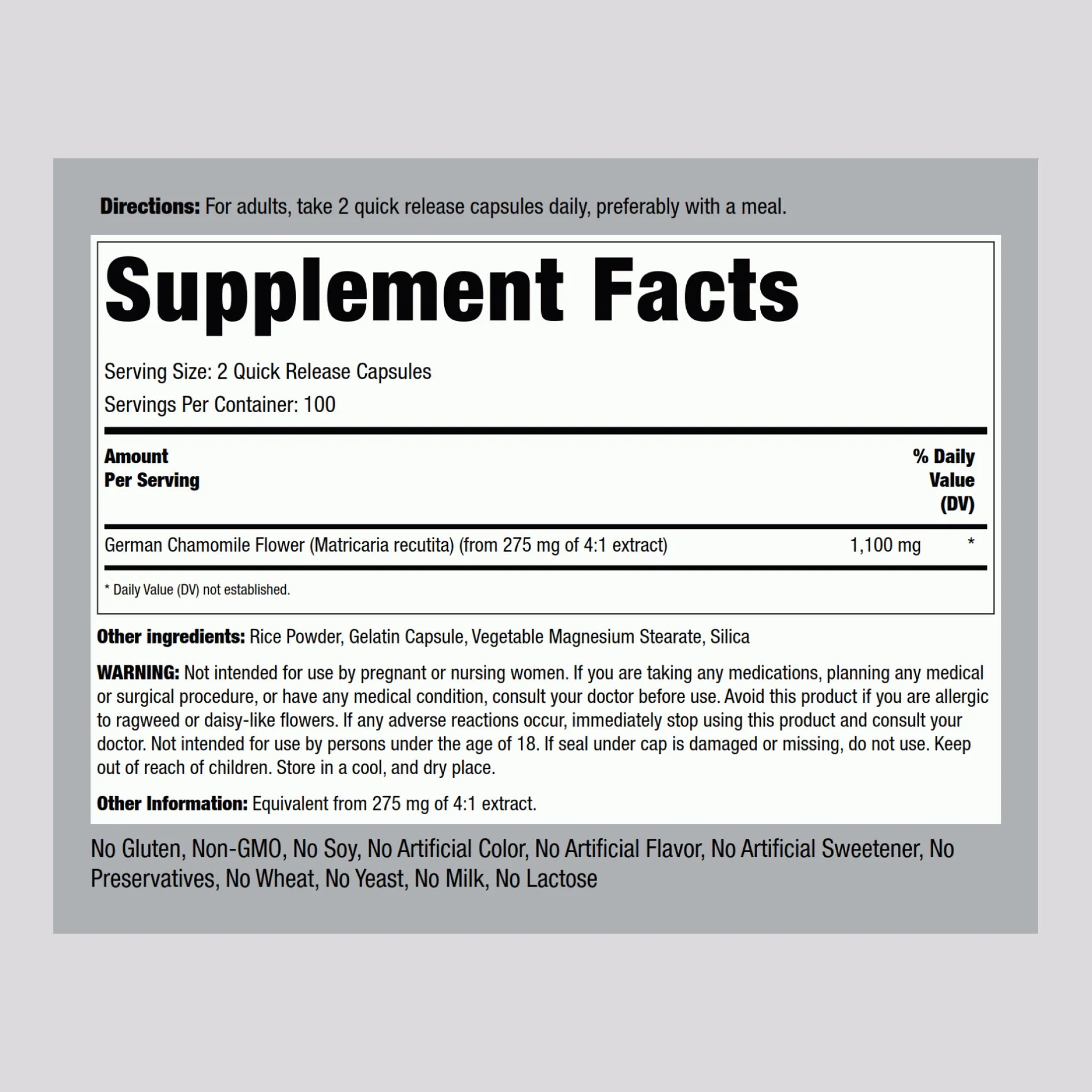 Chamomile Concentrated Extract, 1100 mg (per serving), 200 Quick Release Capsules - Image 2
