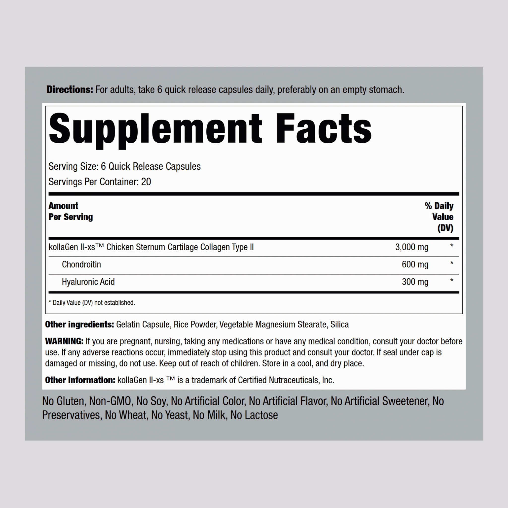 Chicken Sternum Collagen Type II, 3000 mg (per serving), 120 Quick Release Capsules - Image 2