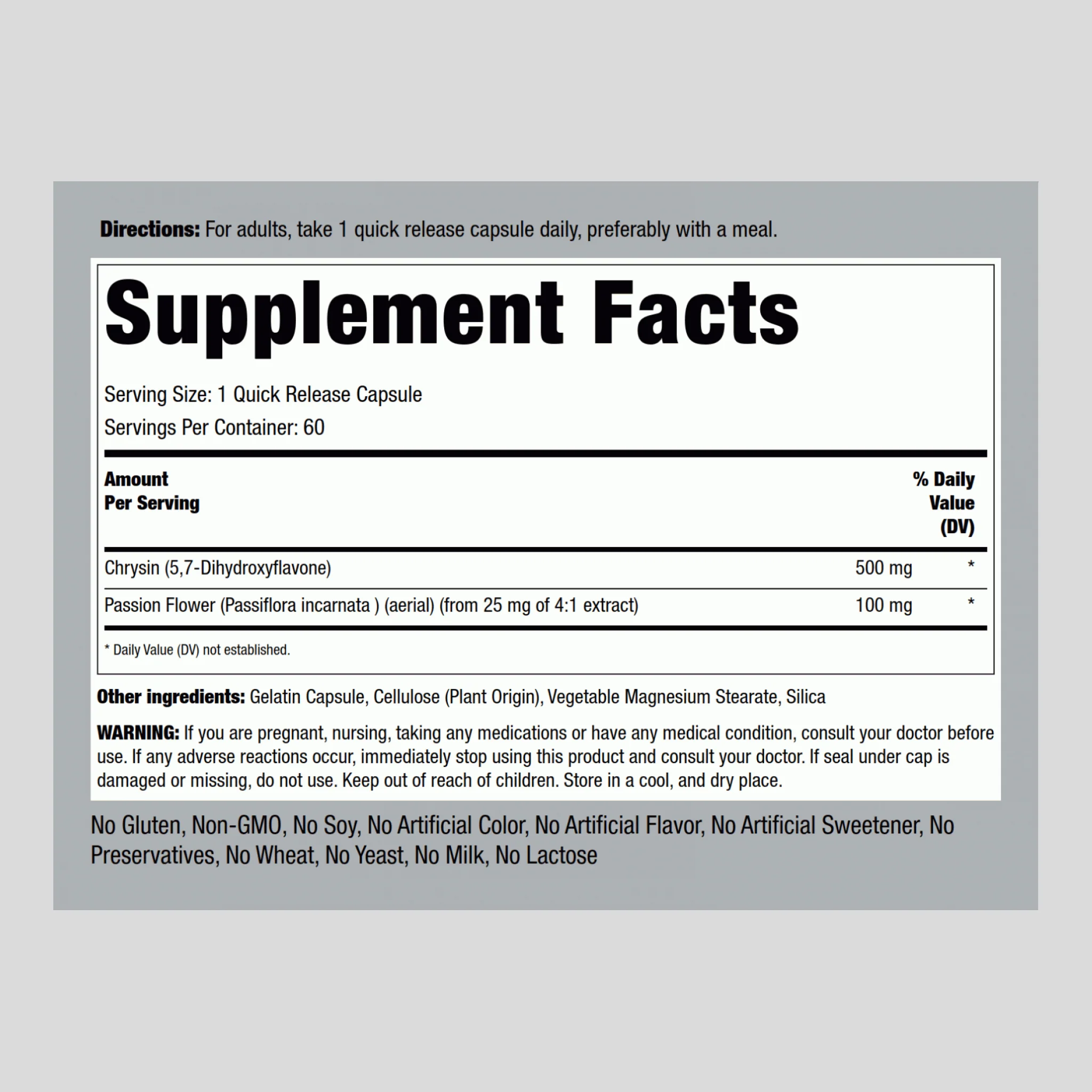 Chrysin Extract (Passion Flower Ext), 500 mg, 60 Quick Release Capsules - Image 2