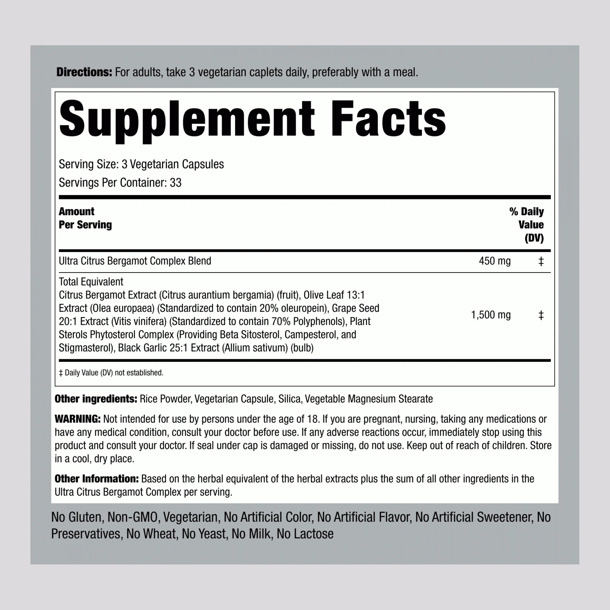 Citrus Bergamot Complex, 1500 mg (per serving), 100 Vegetarian Capsules, 2  Bottles - Image 2