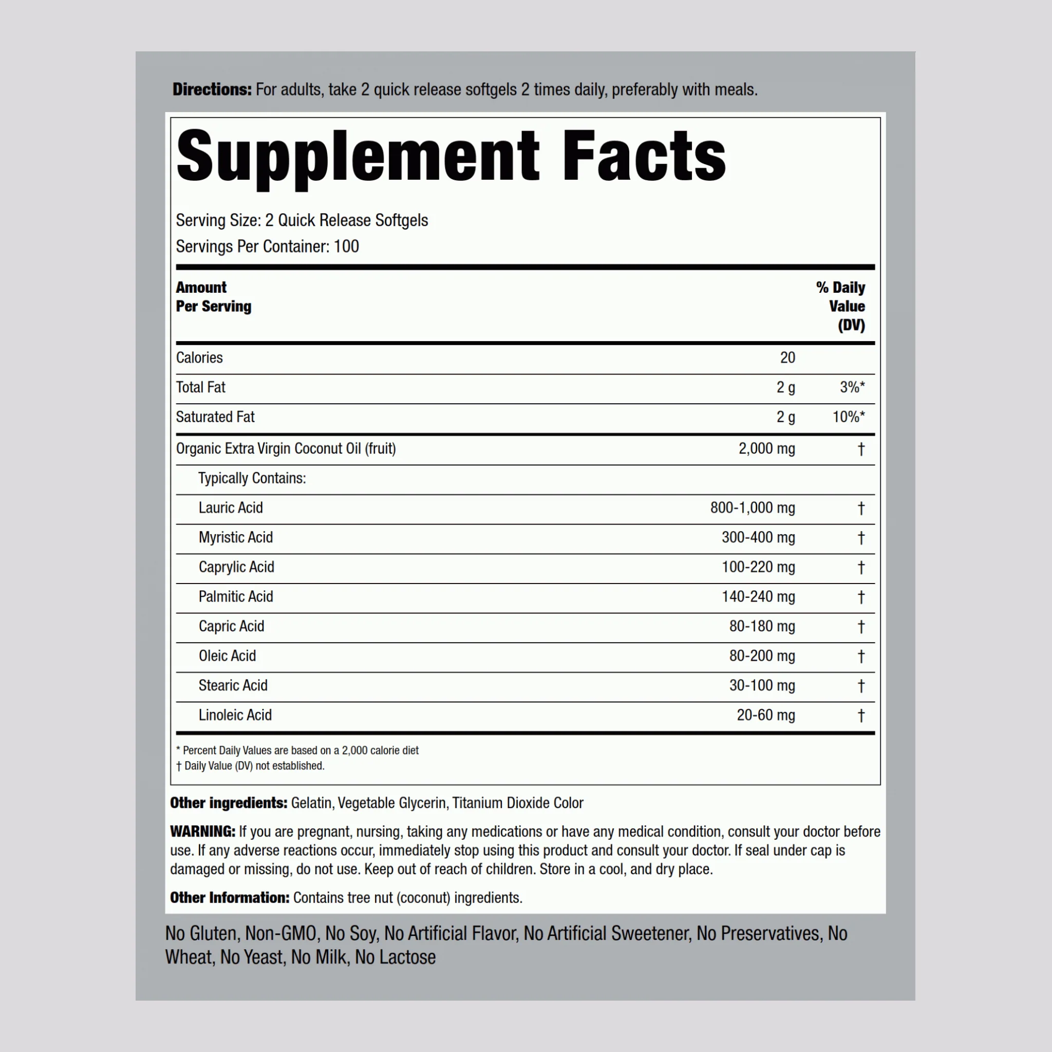 Coconut Oil (Extra Virgin), 2000 mg (per serving), 200 Quick Release Softgels - Image 2