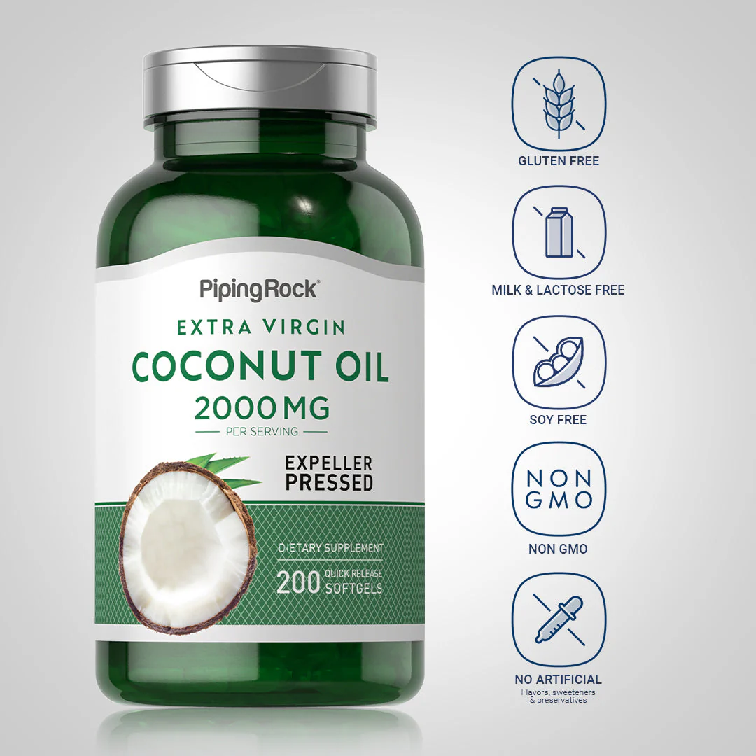 Coconut Oil (Extra Virgin), 2000 mg (per serving), 200 Quick Release Softgels, 2  Bottles - Image 5