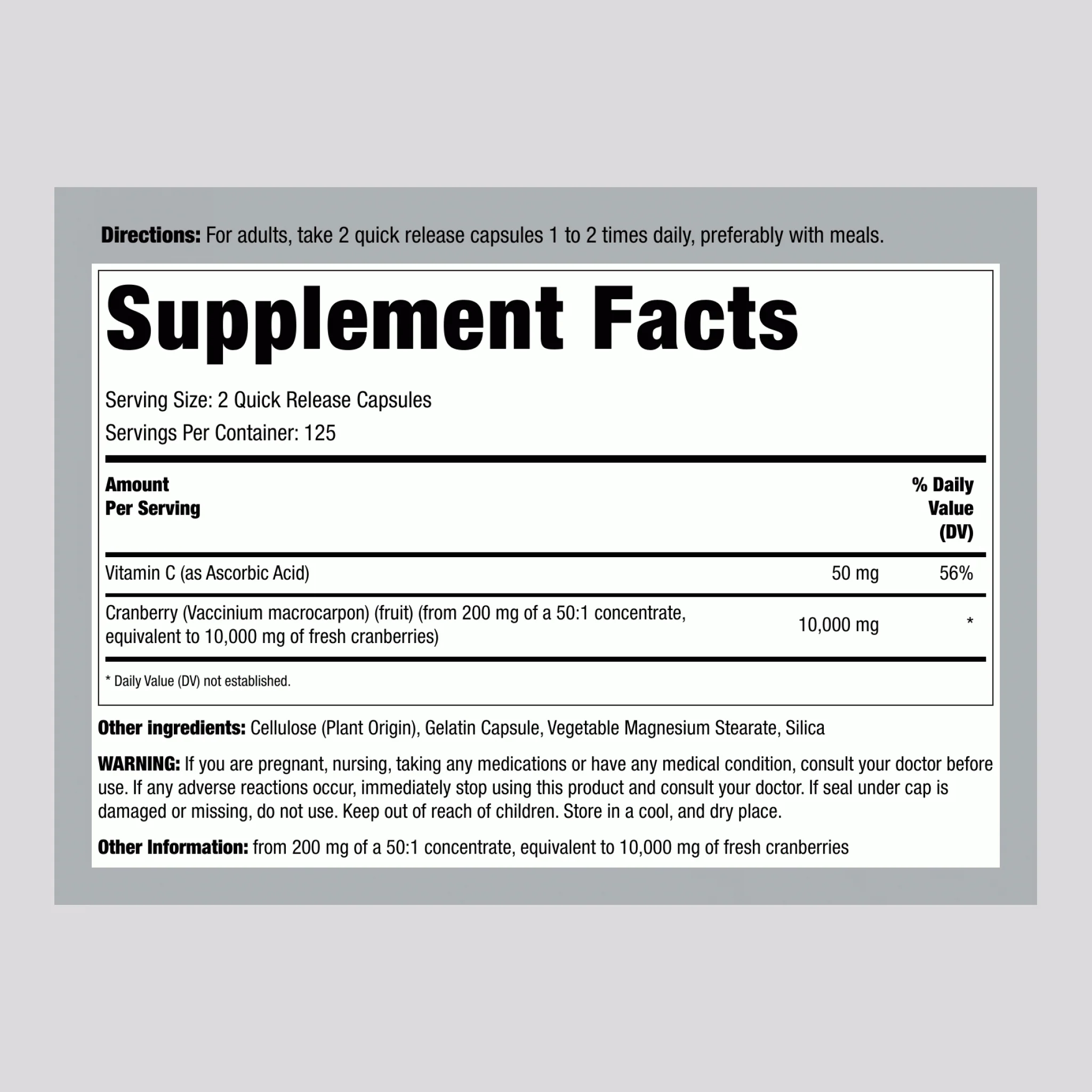Cranberry Concentrate Plus Vitamin C, 15,000 mg (per serving), 250 Capsules - Image 2