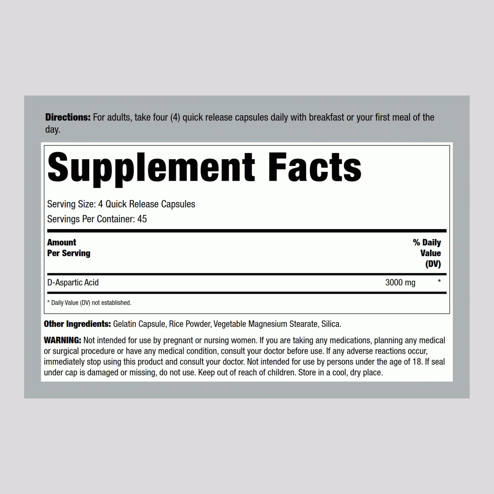 D-Aspartic Acid, 3000 mg (per serving), 180 Quick Release Capsules - Image 2
